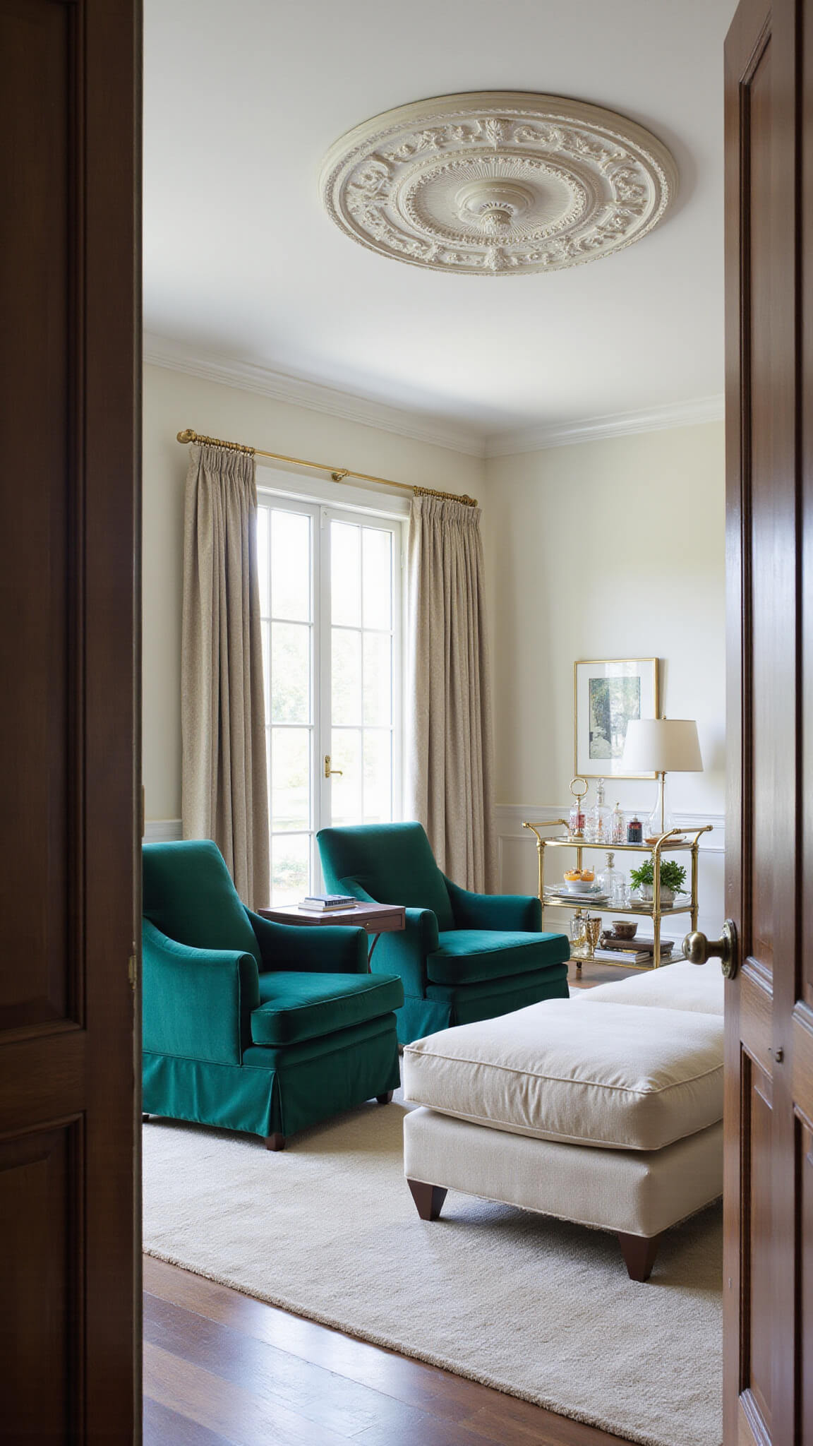 Formal living room blending Art Deco and modern styles with ivory mohair sofa, emerald velvet club chairs, vintage bar cart, and ornate plaster ceiling medallion.