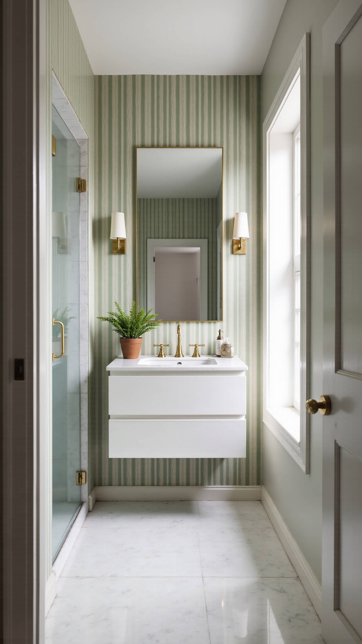 Bright, airy 5x7ft bathroom with floating white vanity, brass fixtures, sage and cream striped wallpaper, large mirror, marble-look tiles, and morning light through frosted window.