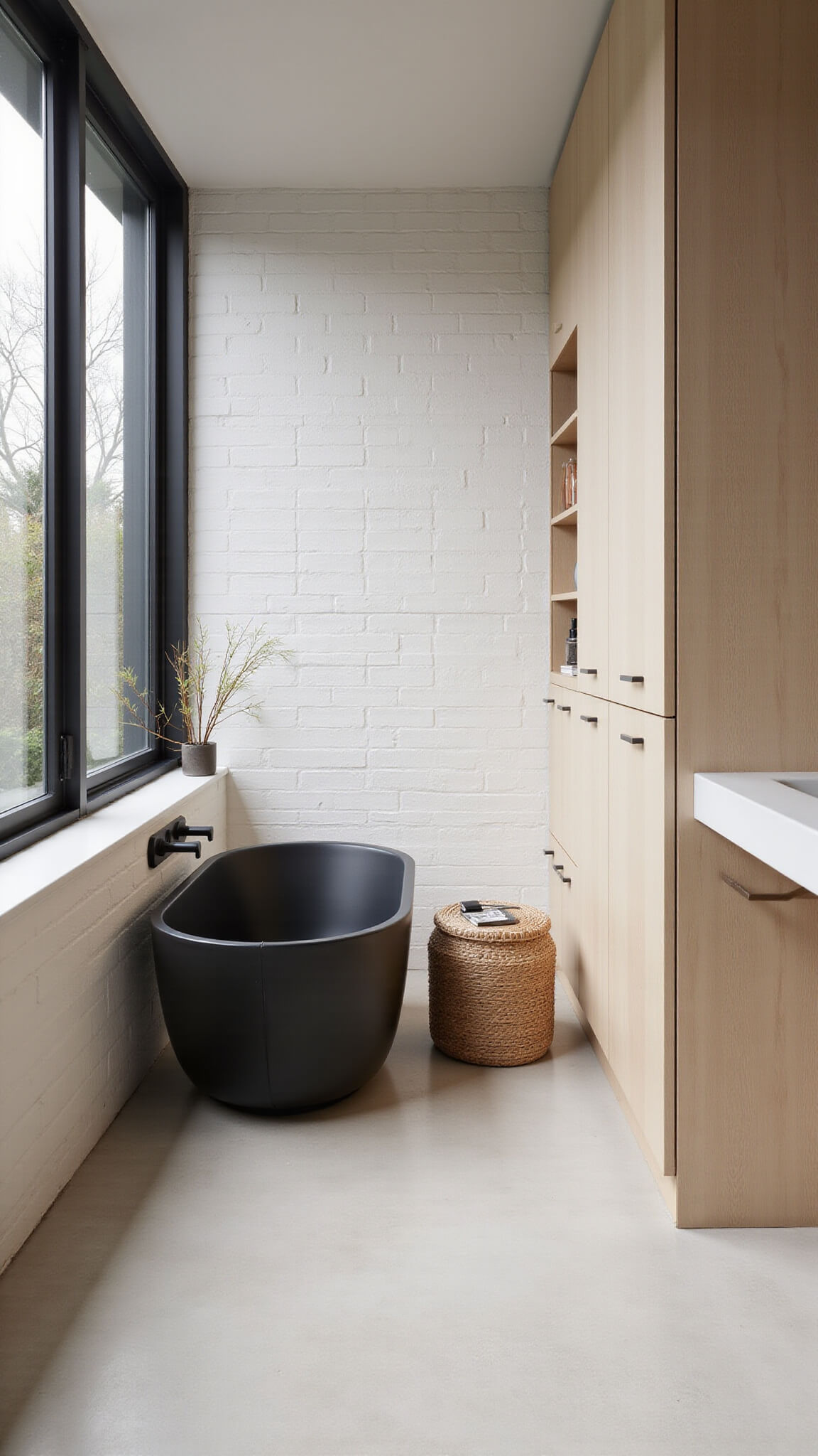 Minimalist 5x6ft bathroom with matte black soaking tub, bleached oak storage, white subway tiles, and natural light highlighting neutral tones and zen decor.
