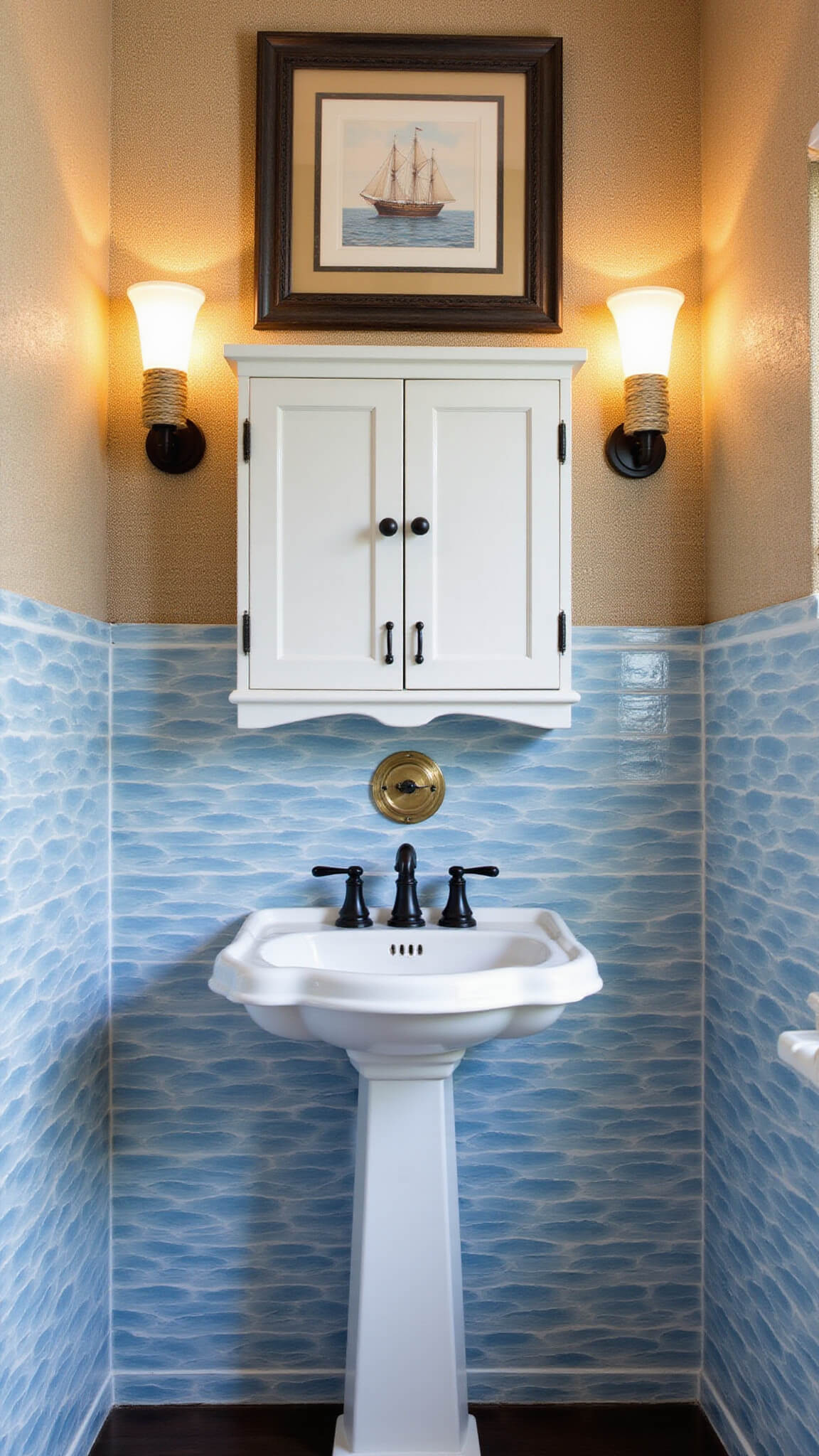 Nautical-themed 7x5ft bathroom with blue wave-pattern tiles, grasscloth wallpaper, rope sconces, pedestal sink with matte black fixtures, brass porthole mirror, and vintage ship artwork in afternoon light.