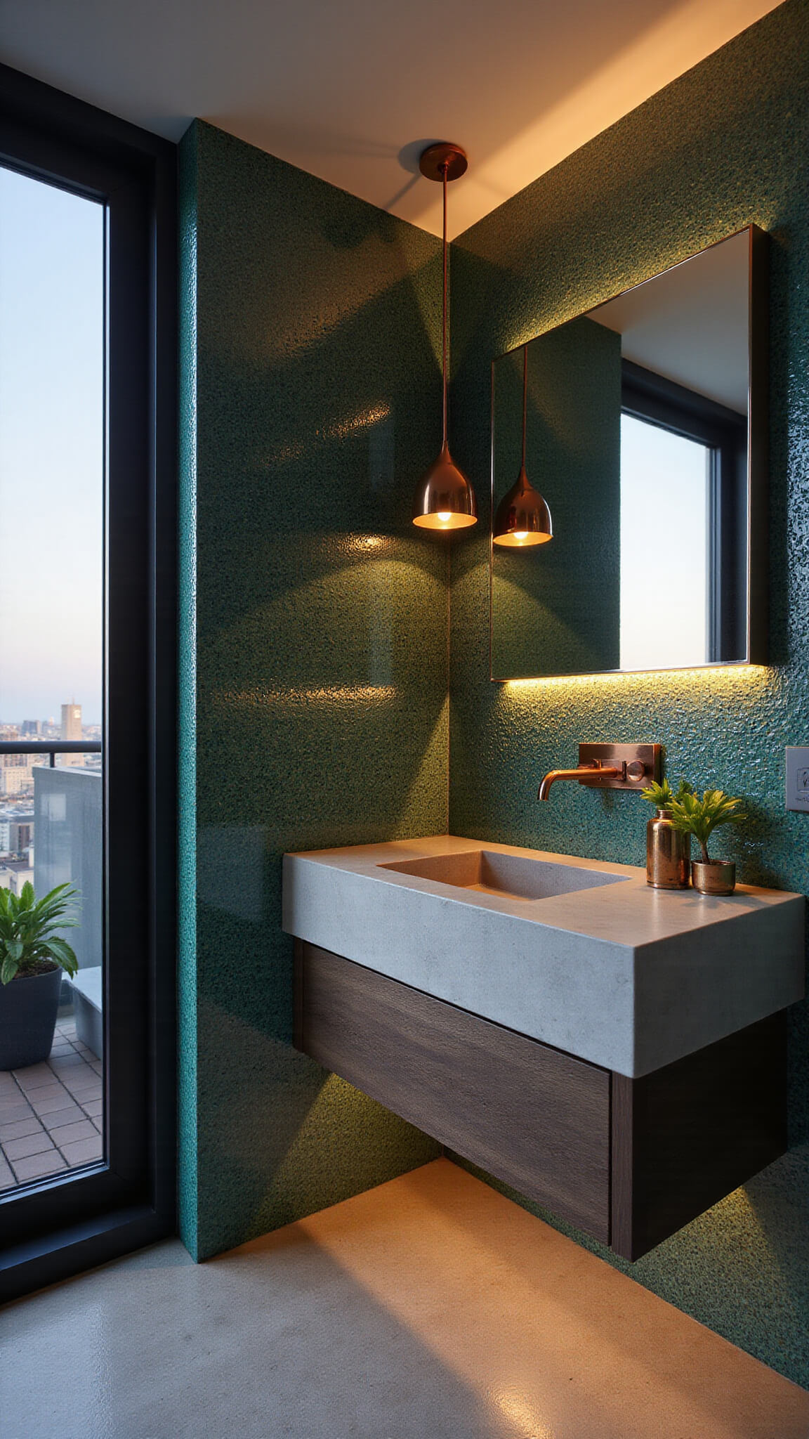 Dramatic modern bathroom at dusk with jewel-toned mosaic wall, floating concrete vanity, backlit mirror, and mixed metallic accents.
