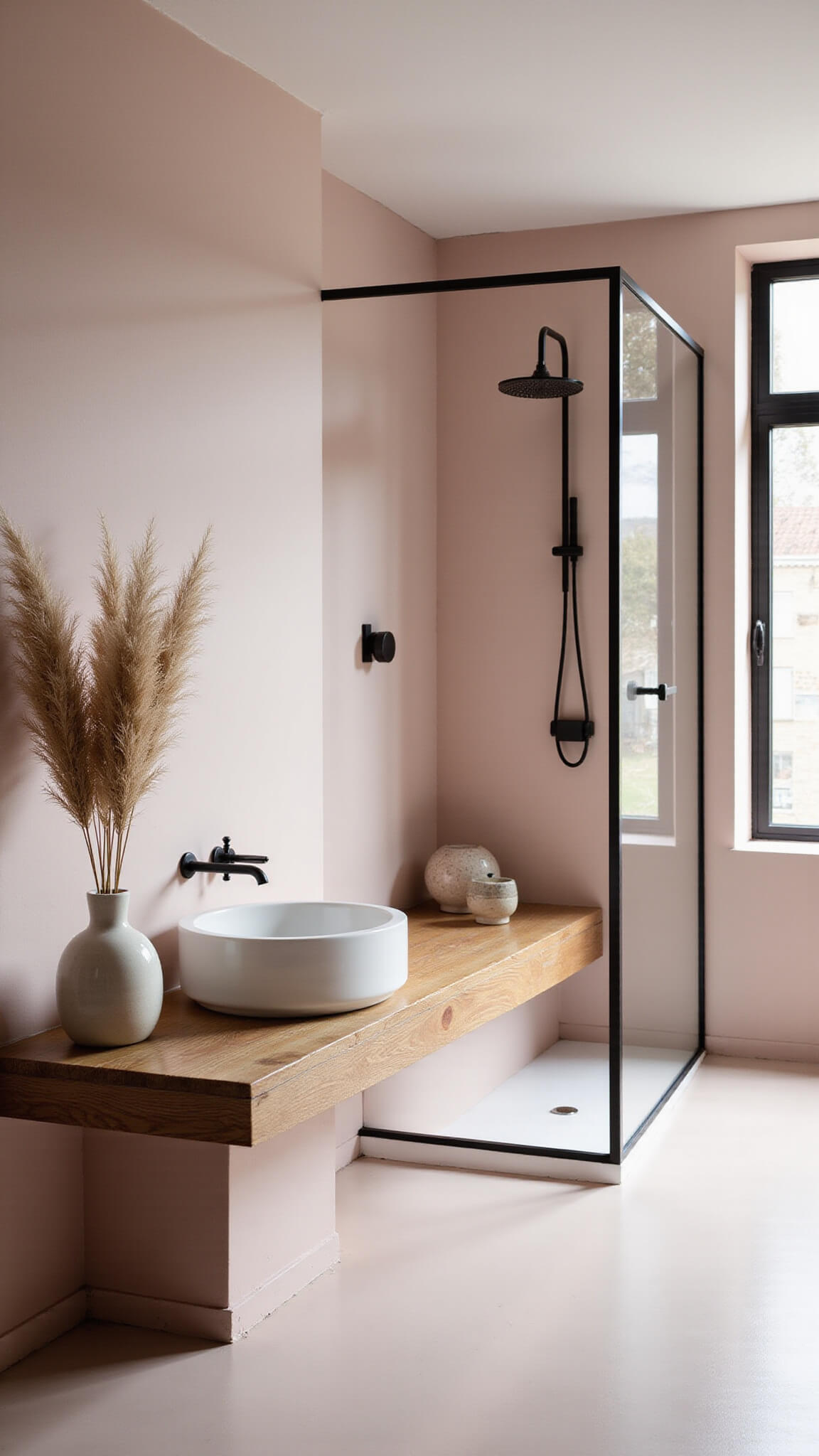 Scandinavian-style 5x8ft bathroom with pale pink micro-cement surfaces, oak bench, floating wood vanity, and black-framed shower in soft morning light.