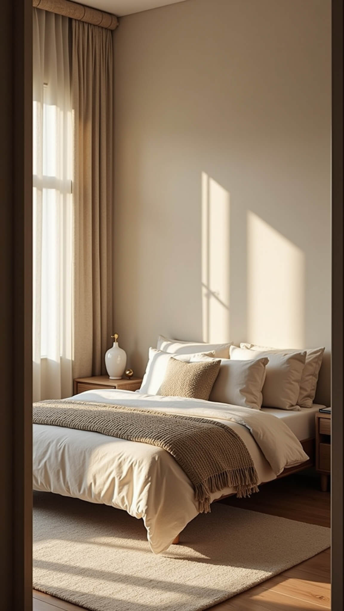 Serene 12x14ft bedroom at golden hour with king bed in soft ivory linens, oak nightstands, brass accents, and sheer curtains softly lit by sunlight.
