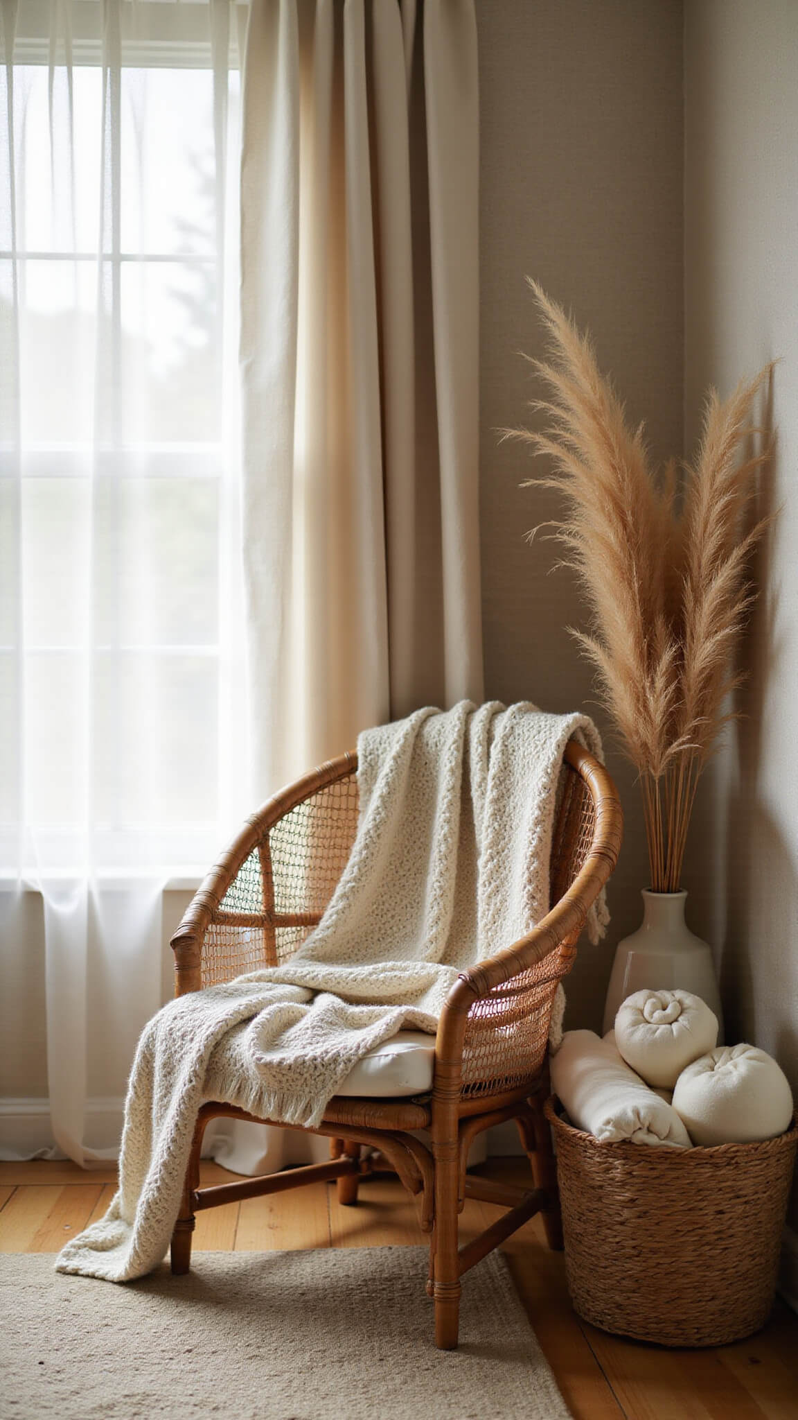 Neutral bedroom corner at dawn with rattan chair, knit throw, pampas grass in vase, and soft morning light filtering through drapes.