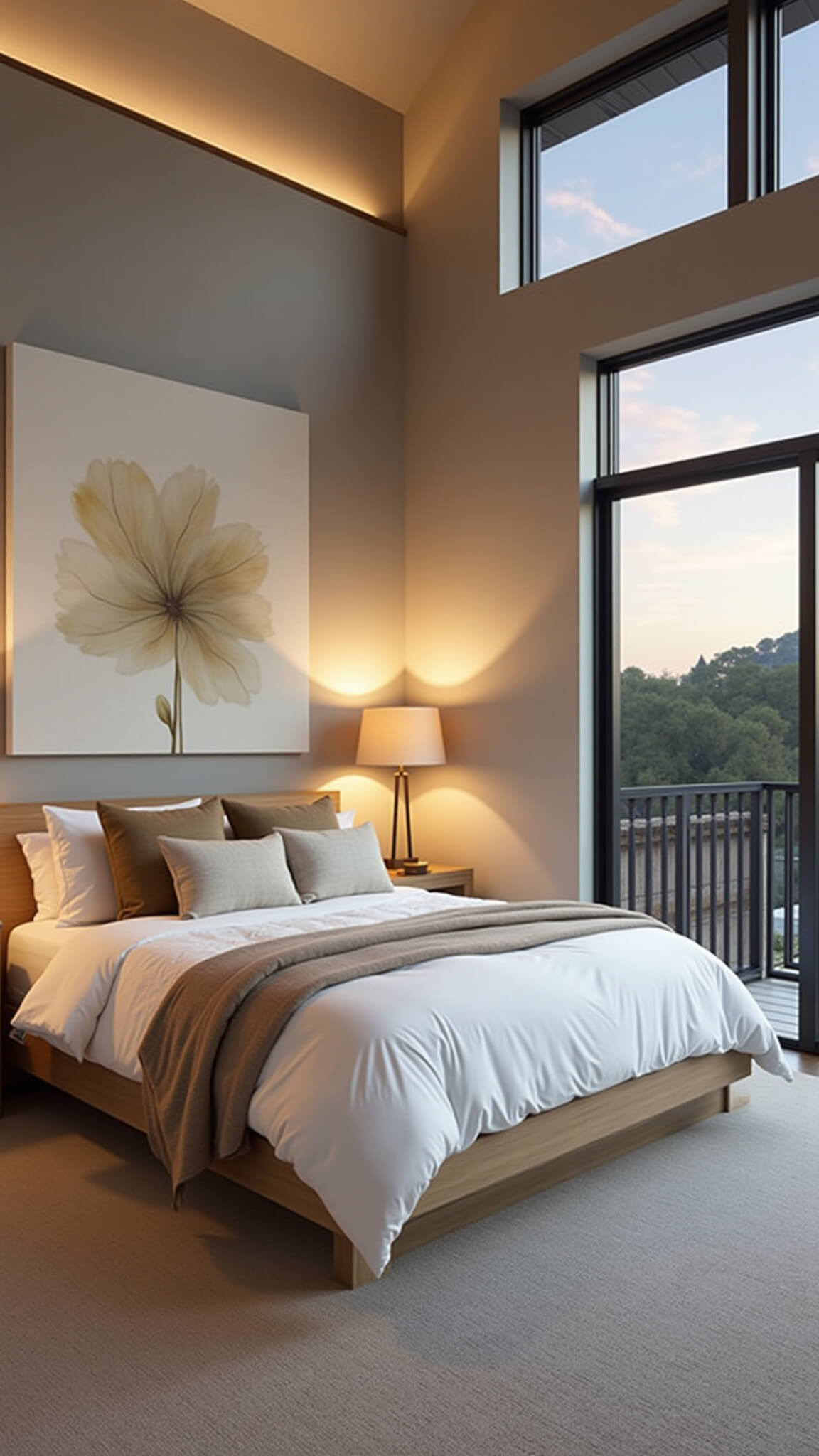 Modern minimalist bedroom at dusk with 10ft tray ceiling, floor-to-ceiling windows, California king platform bed in bleached oak, warm white cloud-like duvet, sand and stone textured pillows, cream-toned abstract canvas above headboard, and cozy ambient lighting.