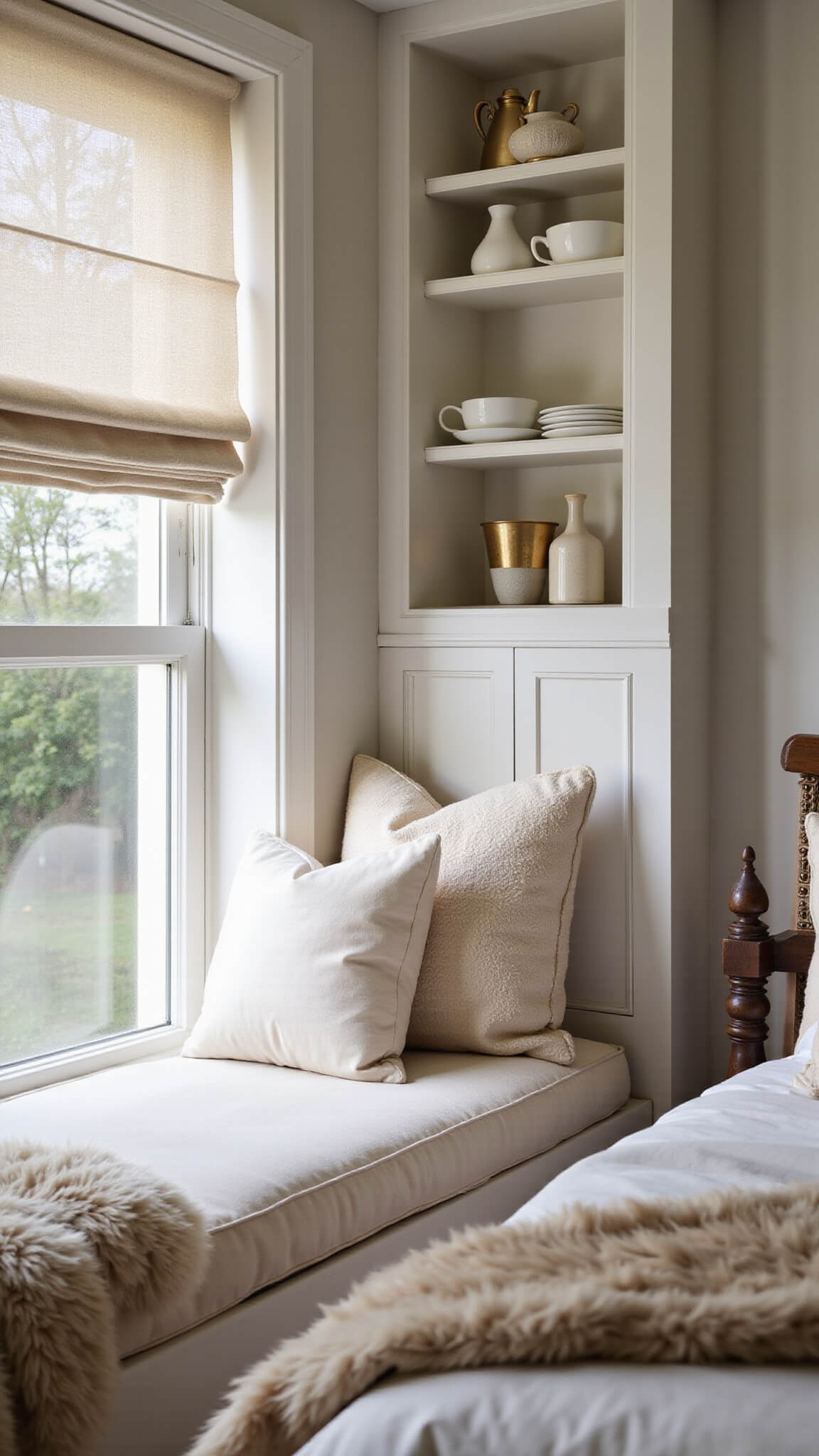 Close-up of cozy bedroom reading nook with built-in window seat, ivory cushions, neutral-toned pillows, sheepskin throw, and floating shelves displaying white ceramics and brass accents in soft natural light.