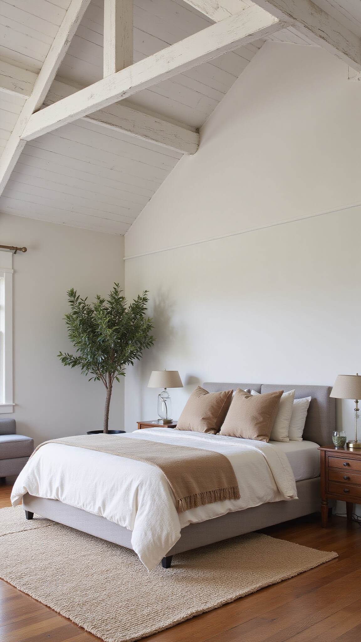 Master bedroom at twilight with 14ft pitched ceiling, white-washed beams, queen bed in layered Belgian linen, oversized jute rug, potted olive tree, and mixed metal accents.