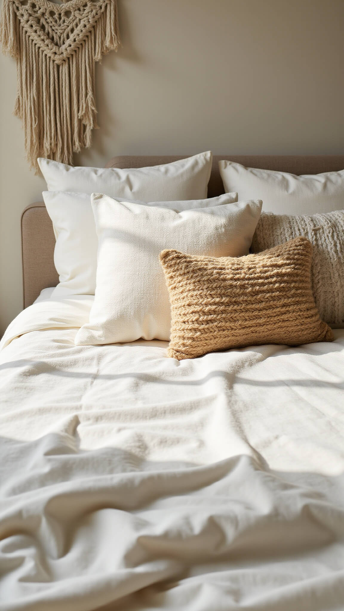 Close-up of sunlit layered bedding with rumpled white linen duvet, cream cotton sheets, and textured neutral European shams; macramé wall hanging in background.