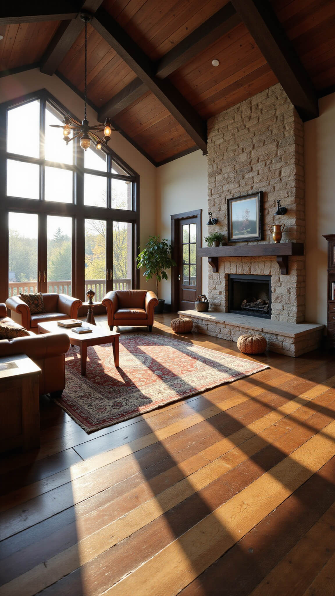 Spacious rustic living room with vaulted ceiling, exposed oak beams, stone fireplace, leather Chesterfield sofa, vintage armchairs, layered rugs, and golden hour sunlight streaming through tall windows.
