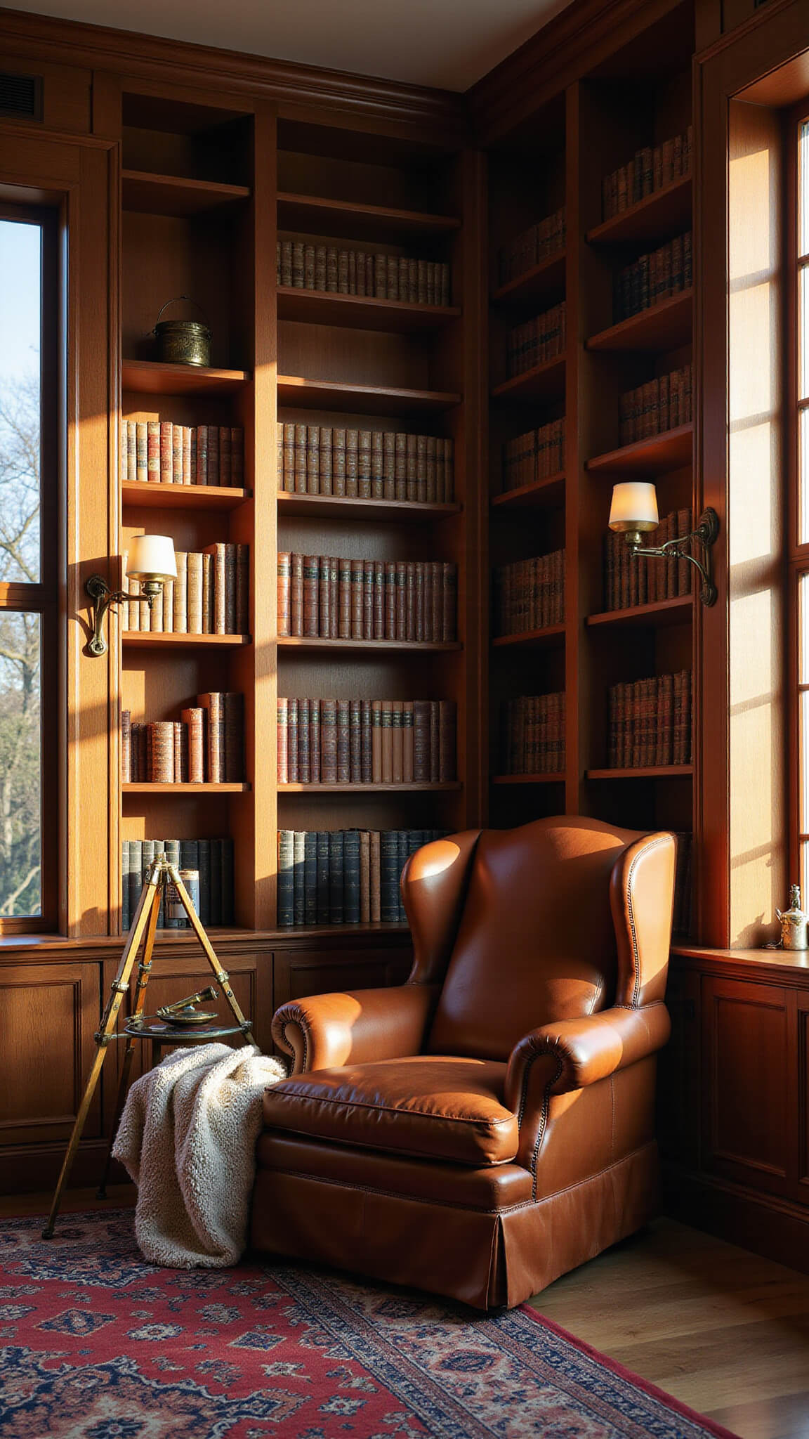 Cozy 12x14ft home library corner with aged oak shelves, leather wingback chair, antique rug, brass telescope, and warm mixed lighting.