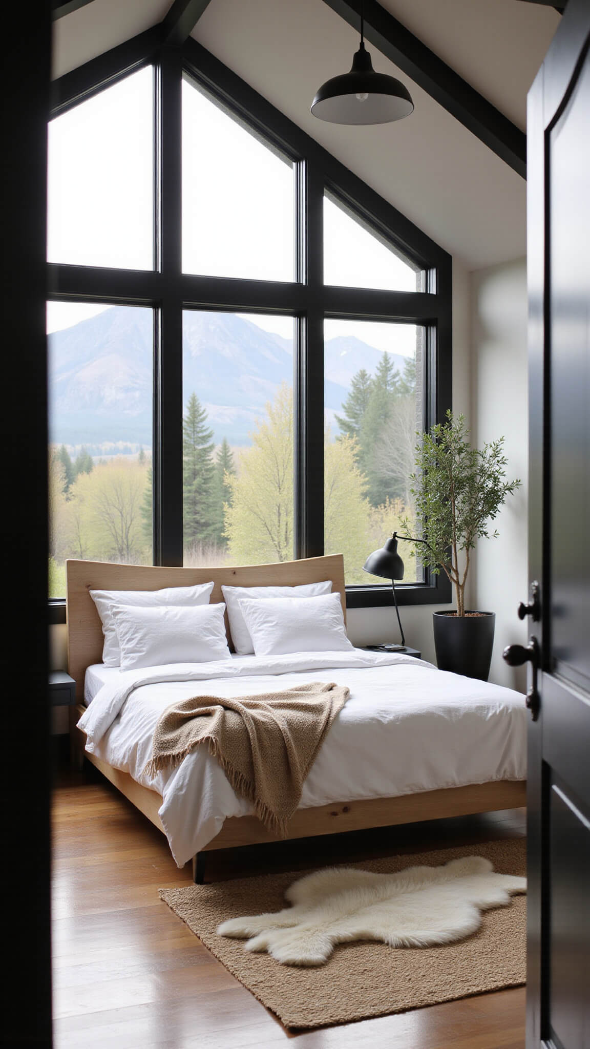 Contemporary rustic primary bedroom with platform bed, bleached oak headboard, black steel-framed windows with mountain view, sheepskin rugs on sisal flooring, and warm early morning lighting.