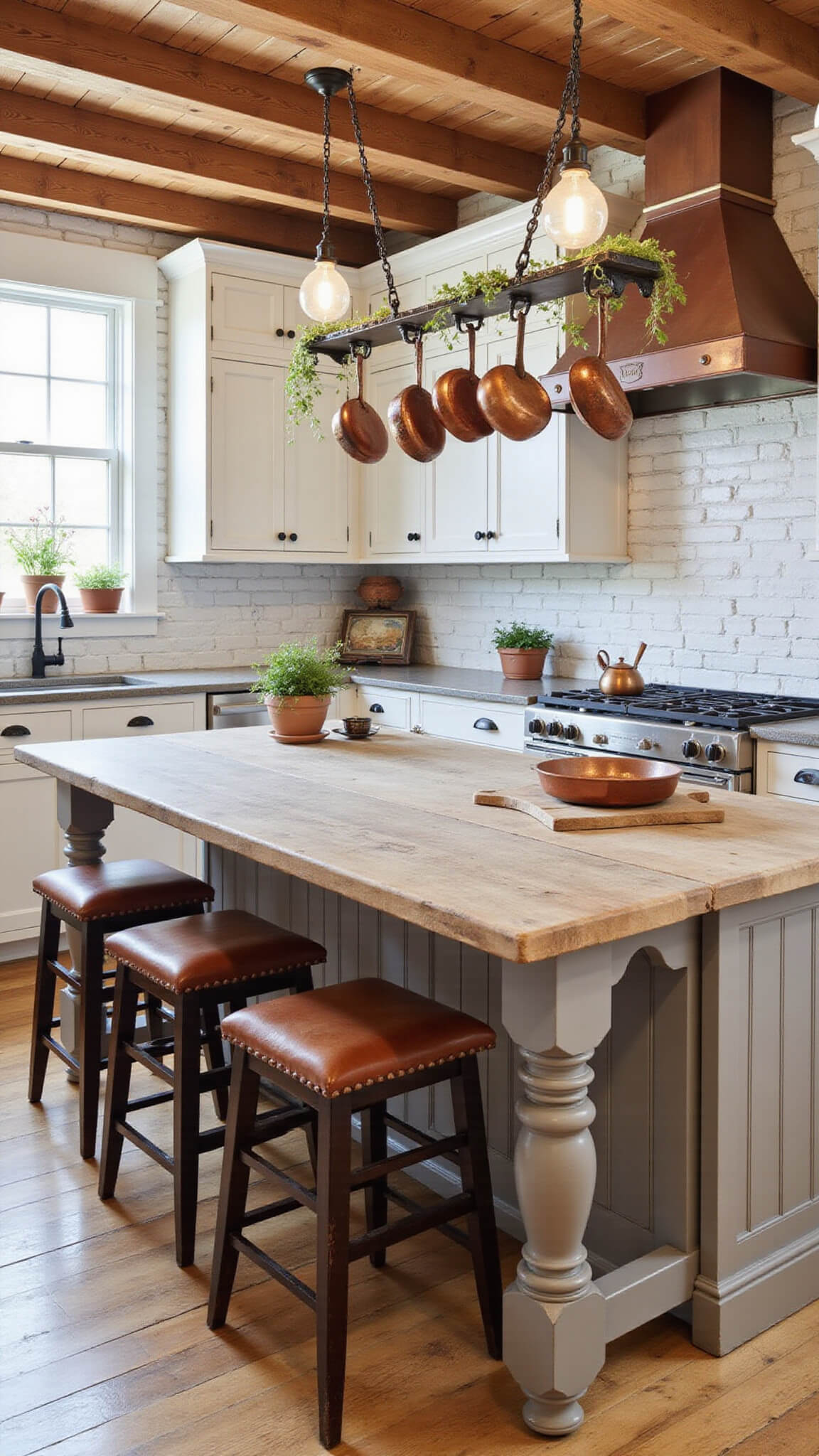 Farmhouse kitchen with white oak cabinets, vintage copper sink, soapstone counters, large reclaimed wood island, leather barstools, exposed wooden joists, and hanging copper pots.