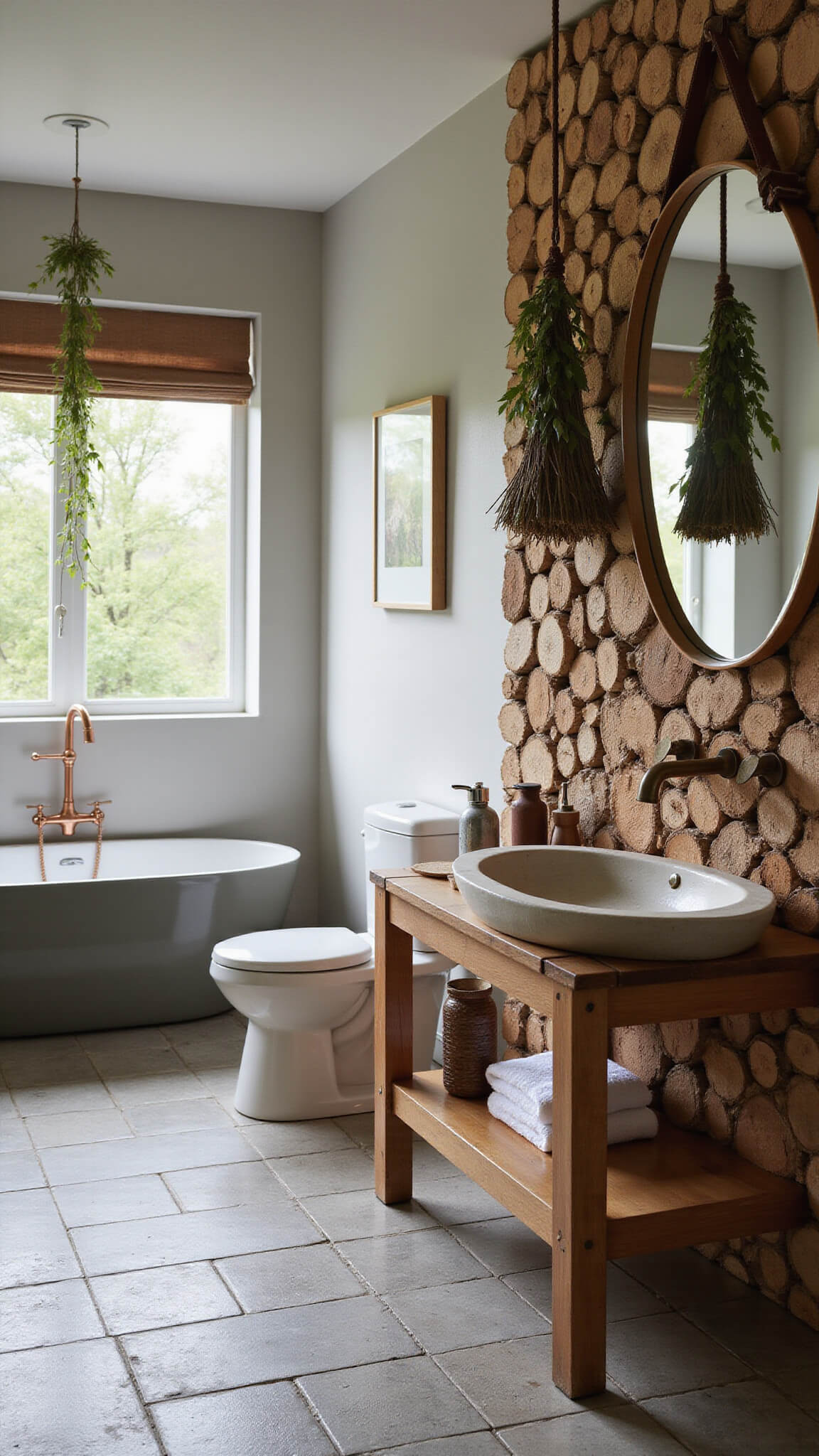 Rustic modern 10x12ft bathroom with geometric cement tile flooring, floating teak vanity with vessel sink, brass fixtures, round mirror, natural fiber shade, eucalyptus in shower, firewood wall, and soft LED lighting.
