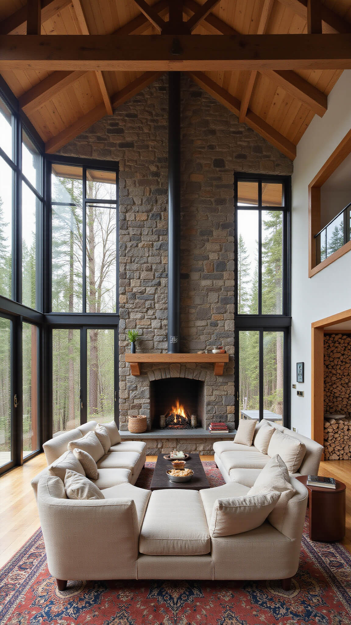Wide-angle view of a double-height great room with 20ft stone fireplace, exposed Douglas fir trusses, black steel windows framing forest views, oatmeal linen sectionals on a Moroccan rug, built-in firewood niches, and indigenous art on the walls.
