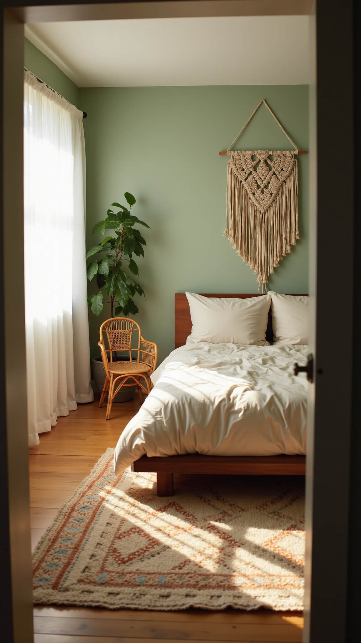 Golden hour light fills a sage green 14x16ft bedroom with a low wooden platform bed, rumpled linen bedding, vintage rugs, a rattan chair beneath a pothos plant, and a macramé wall hanging above the bed.