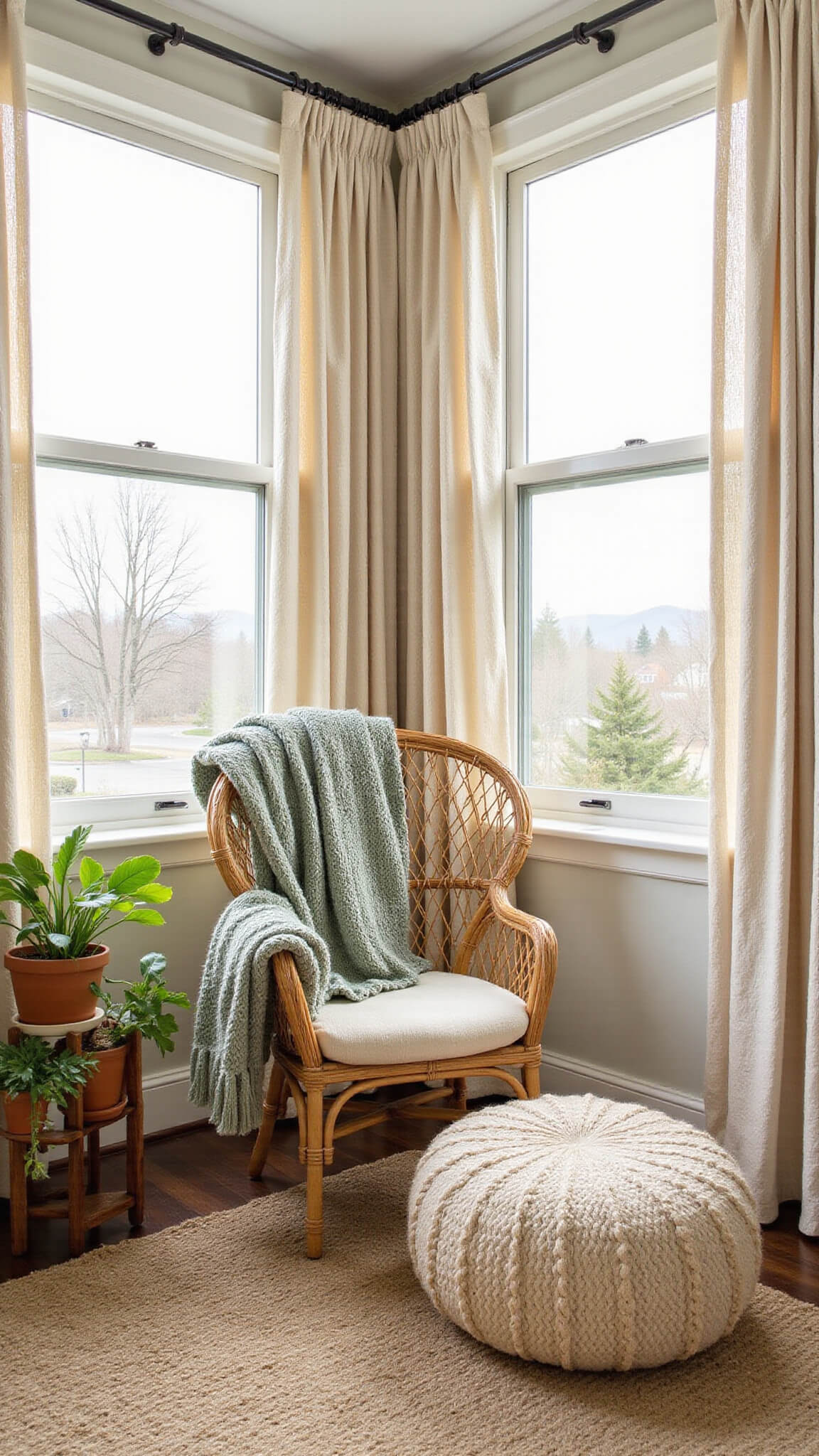 Sunlit bedroom corner with rattan peacock chair, knit throws, jute pouf, and trailing plants by tall cream-curtained windows.