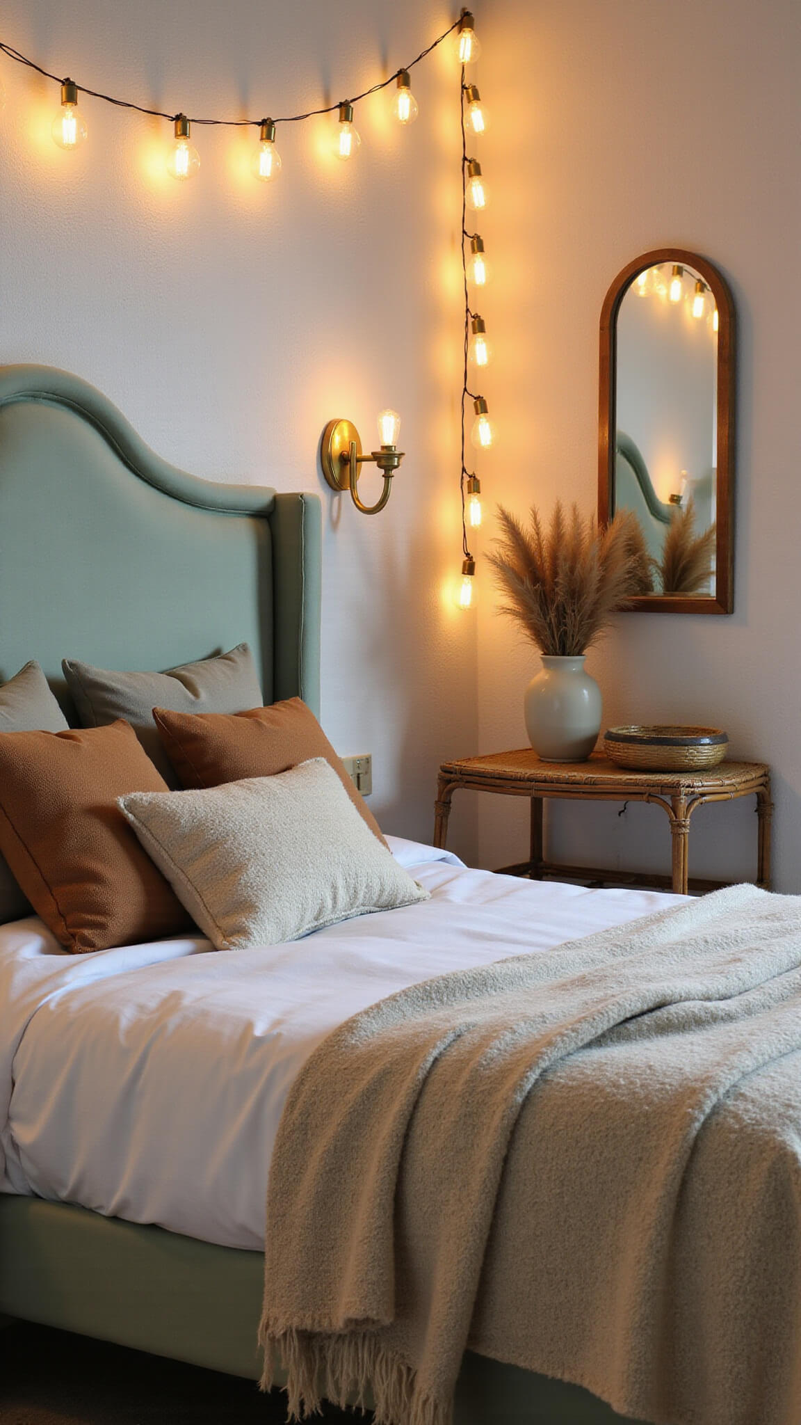 Cozy bedroom with sage green velvet headboard, earth-toned pillows, cream wool throw, warm string lights, brass sconces, vintage mirror, and rattan side table with pampas grass.