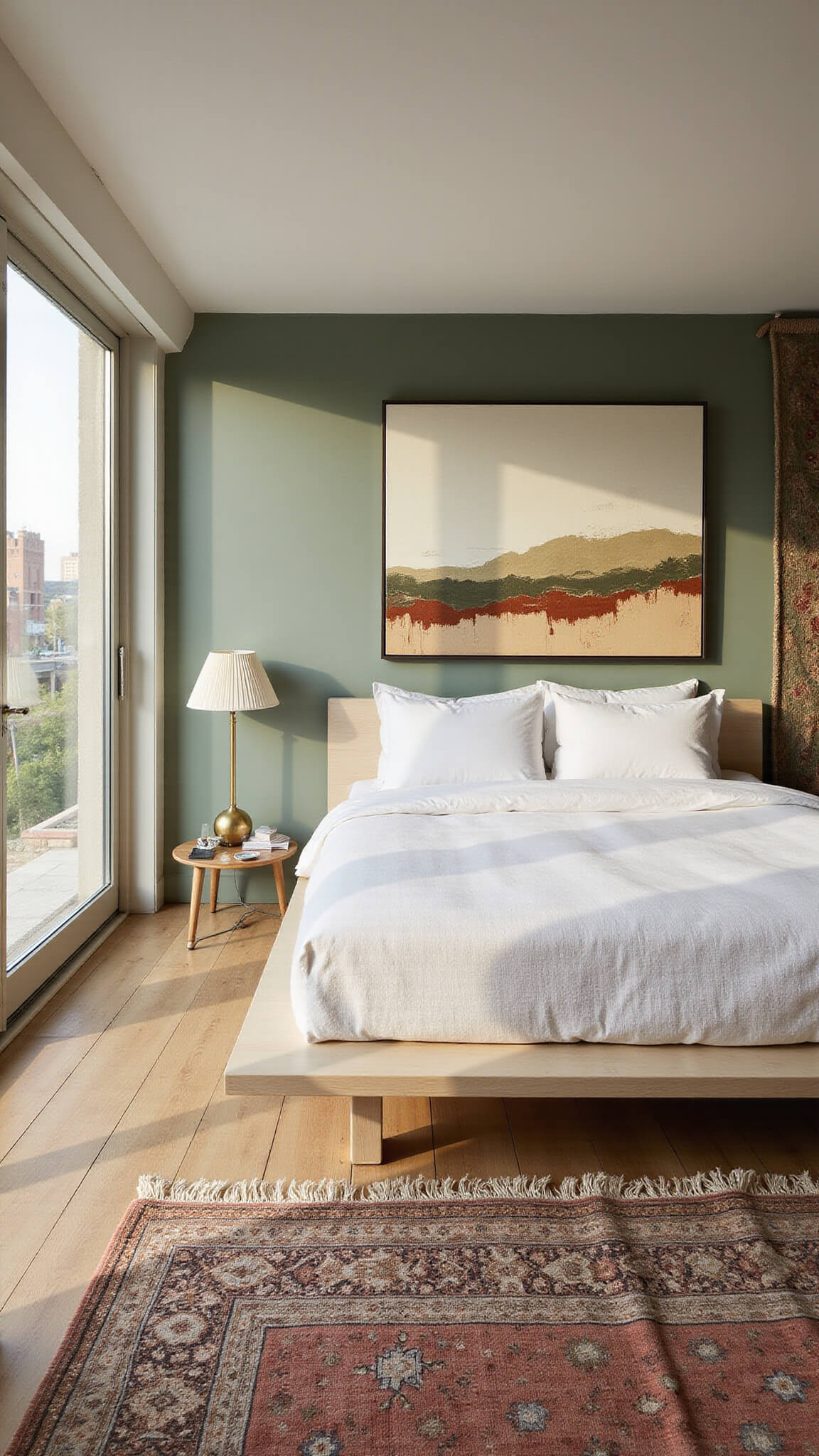 Modern boho bedroom with sage green accent wall, platform bed, abstract artwork, geometric tapestry, layered Moroccan and sisal rugs, and brass floor lamp in morning light.