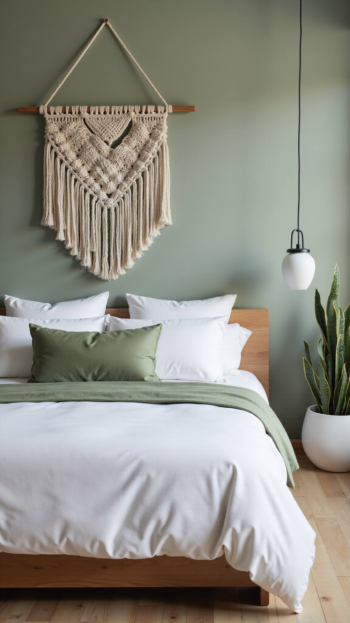 Minimalist sage green bedroom with oak bed, white linens, macramé wall art, ceramic pendant light, and snake plants.