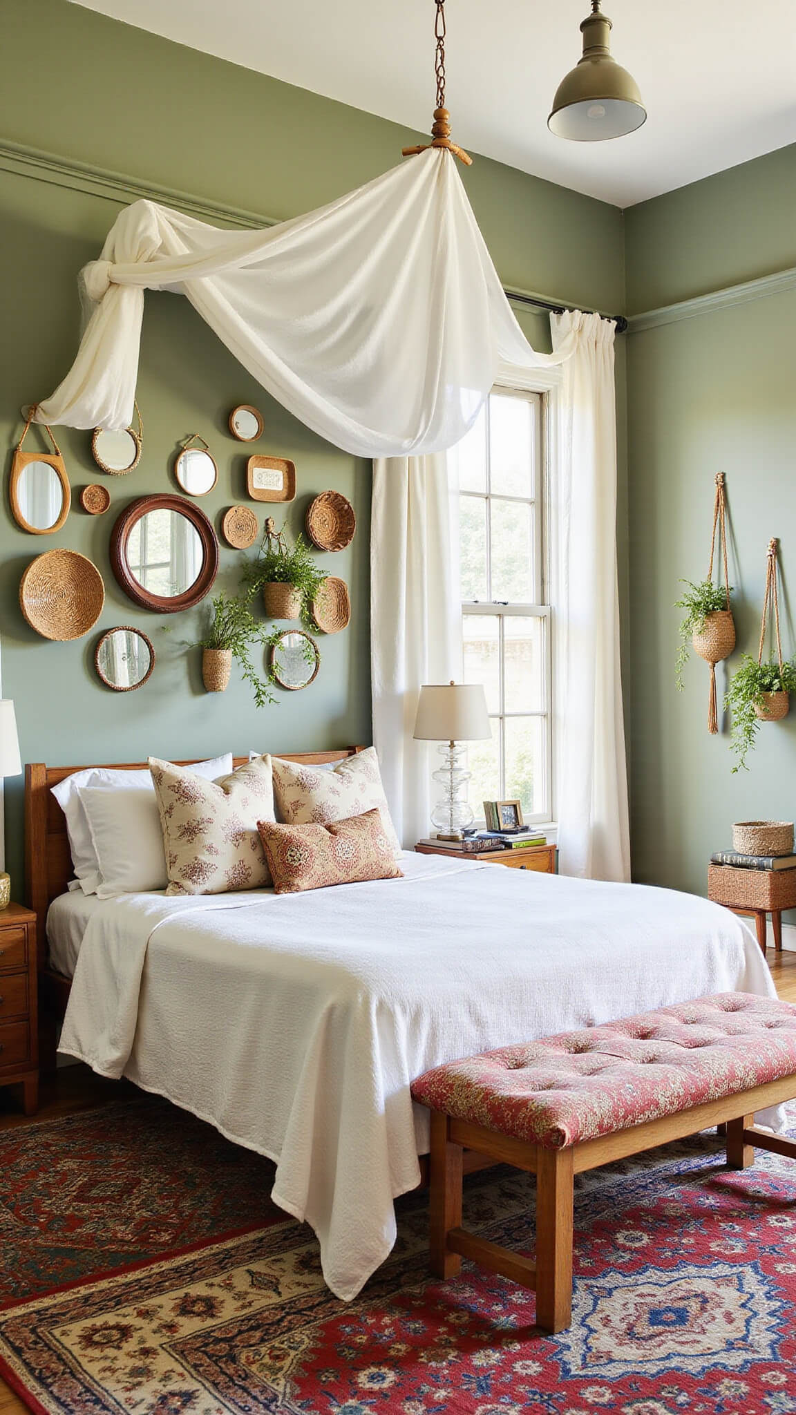 Boho bedroom with sage green walls, vintage mirrors, woven baskets, canopy bed with sheer drapes, layered rugs, and hanging plants in macramé holders, lit by afternoon sun.