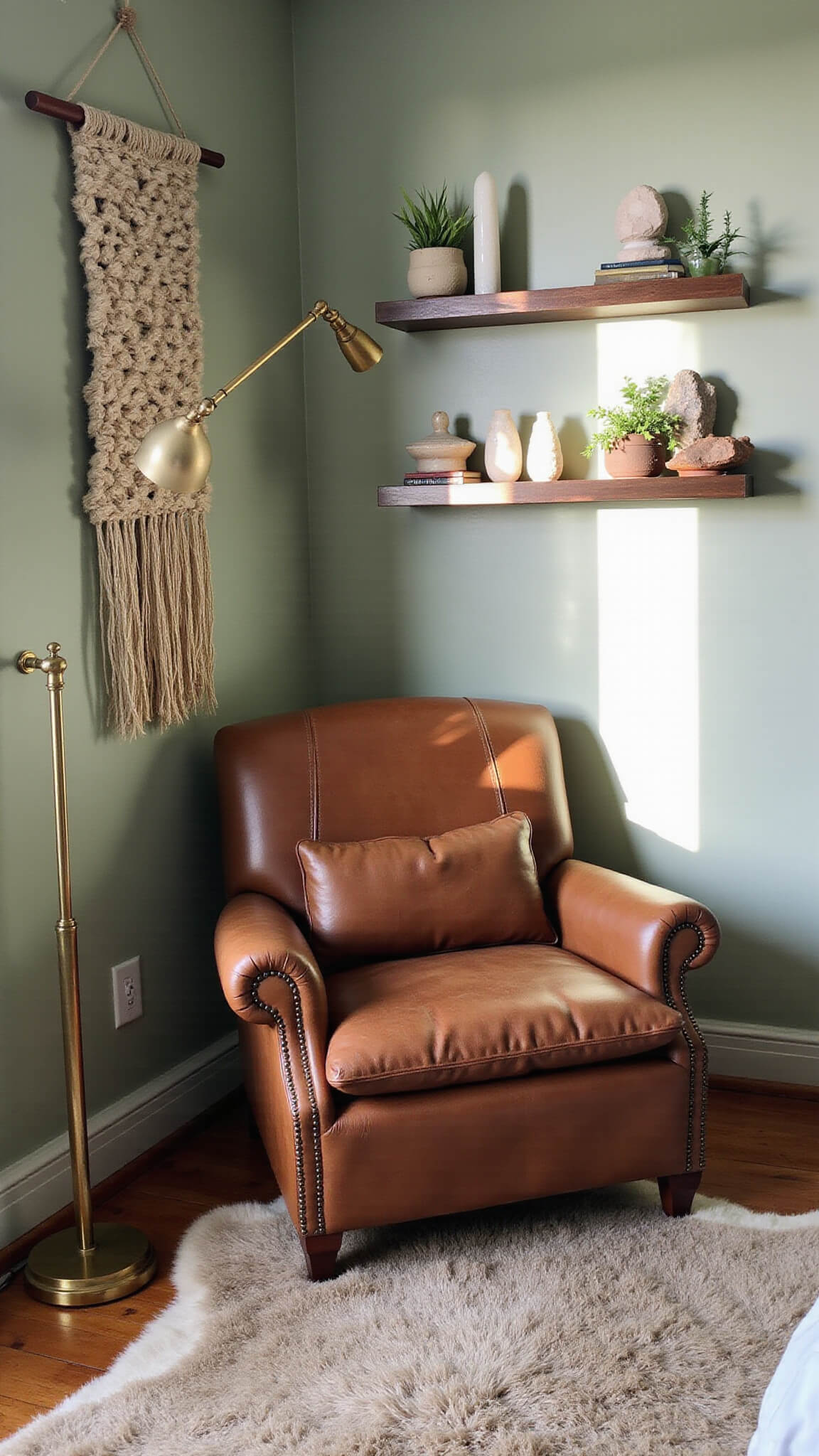 Cozy sage green bedroom nook at dawn with vintage leather armchair, brass floor lamp, textured wall hanging, floating shelves with crystals and plants, and layered sheepskin rug.