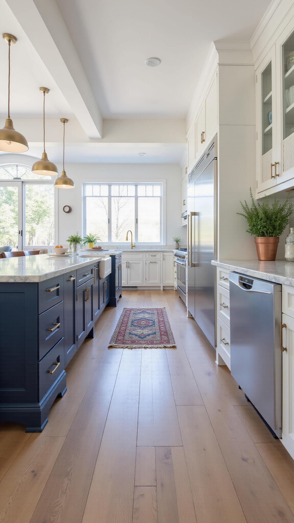 Bright modern kitchen with white Shaker cabinets, navy island, marble countertop, large windows, pendant lights, and white oak flooring.
