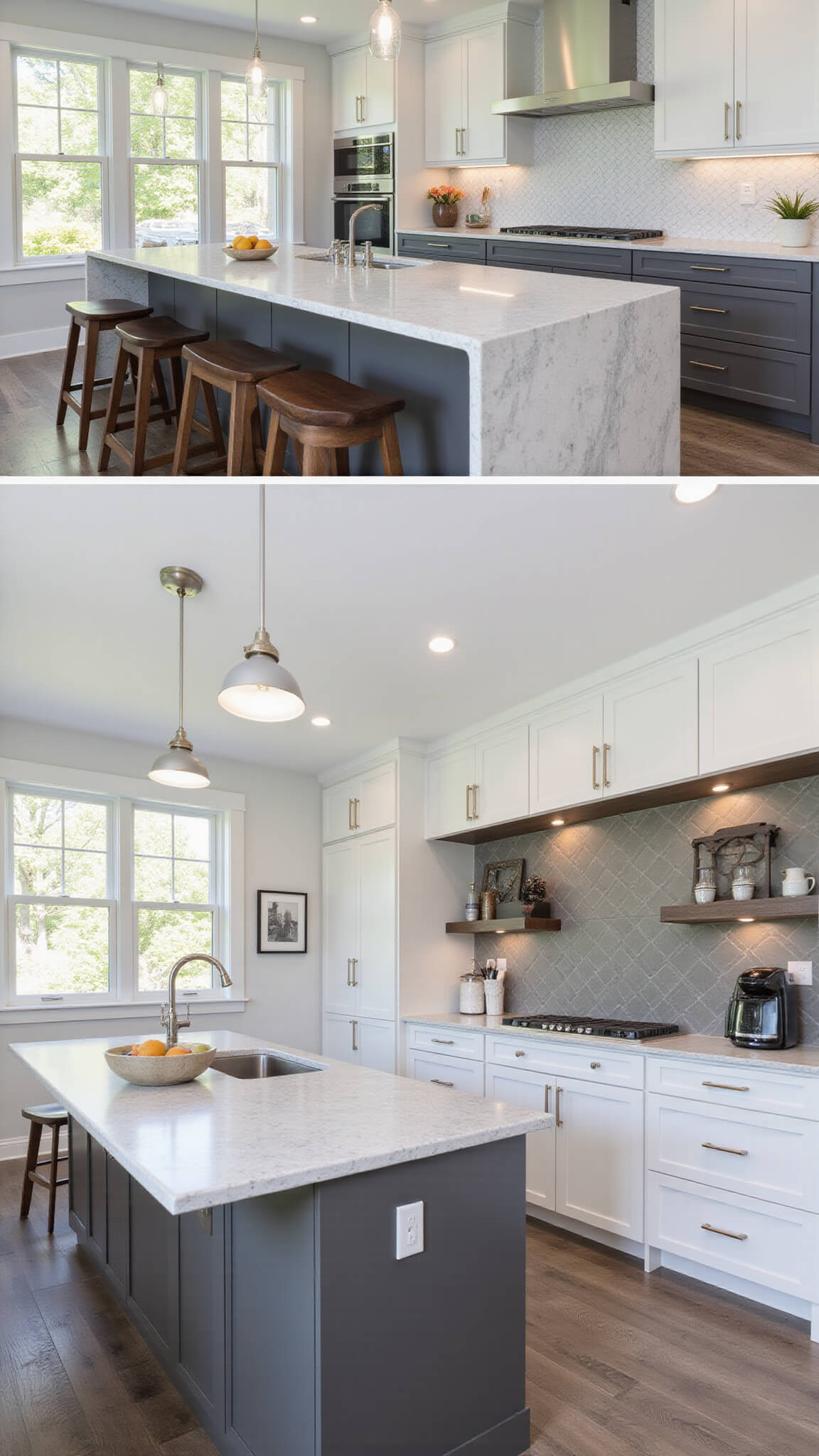 High-angle view of a modern 16x18ft open-concept kitchen featuring charcoal gray and white Shaker cabinets, quartz waterfall island, chevron backsplash, geometric flooring, floor-to-ceiling windows, and minimal styling.
