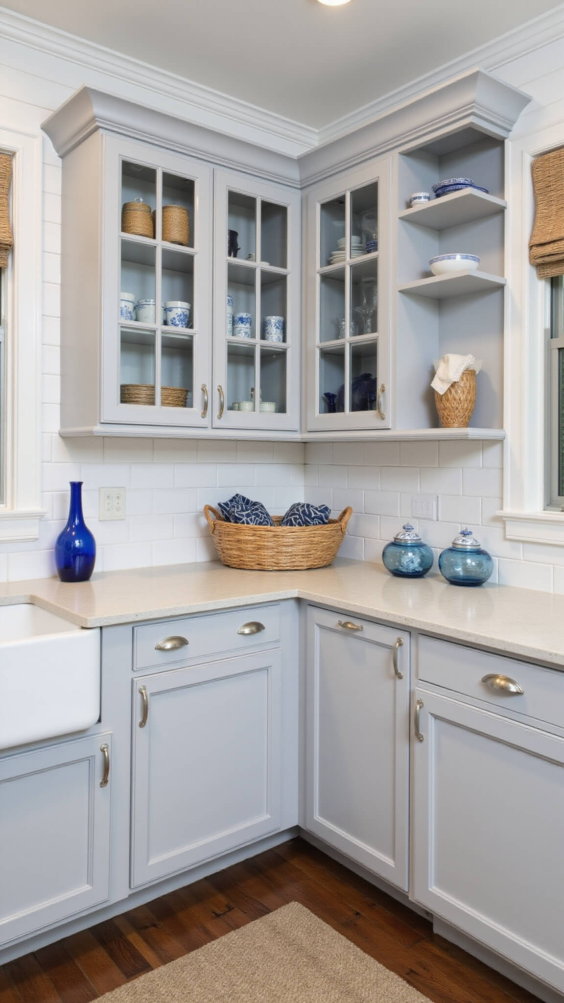 Coastal kitchen with light gray Shaker cabinets, soapstone counters, and glass-front uppers displaying blue and white china in L-shaped layout.