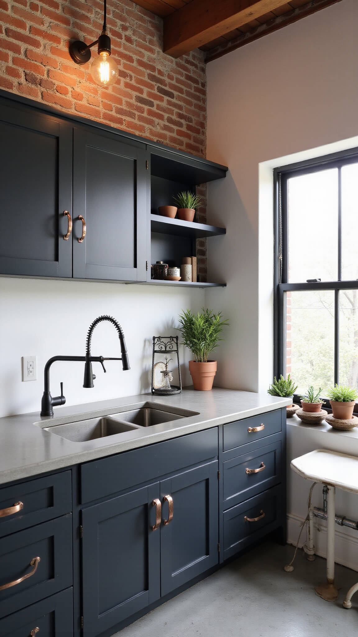 Low-angle view of industrial-style kitchen with exposed brick wall, black Shaker cabinets with copper handles, concrete countertops, stainless steel island, factory windows, Edison bulb lighting, and vintage industrial decor.