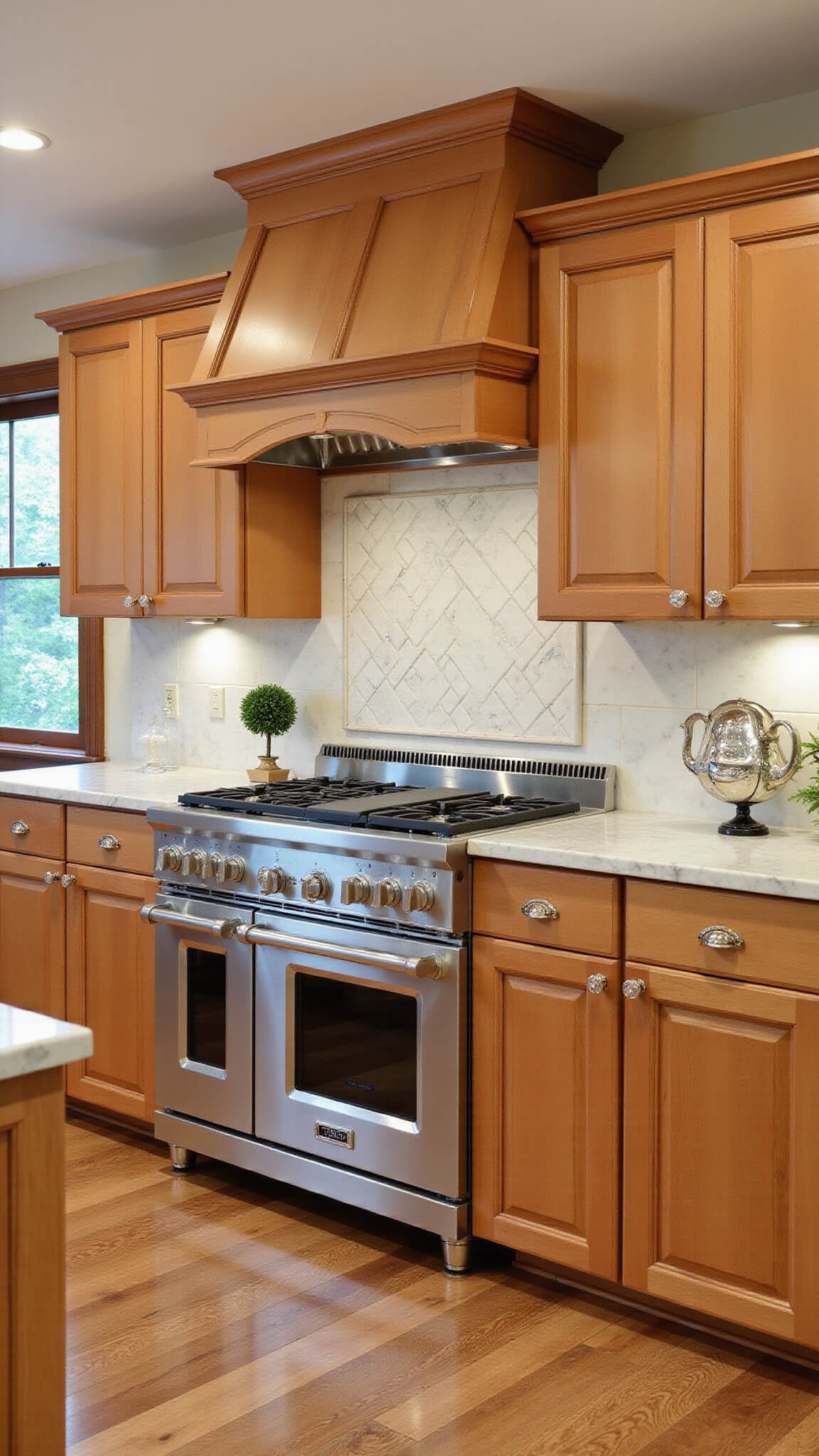 Traditional 15x17ft kitchen with warm wood Shaker cabinets, marble counters, herringbone backsplash, coffered ceiling, and classic range under custom hood, styled with silver tea set, topiaries, and framed botanical prints.