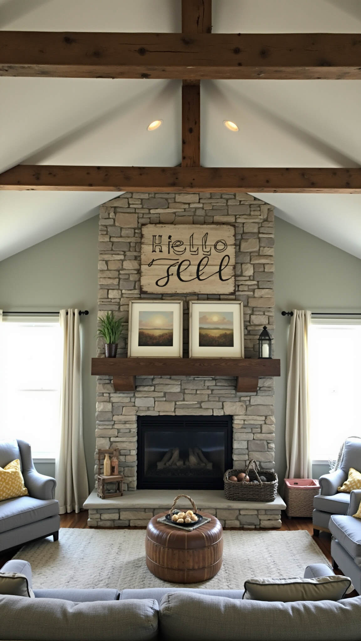 Rustic farmhouse living room with exposed wooden beams, stone fireplace, and 'Hello Fall' sign above, surrounded by vintage landscape art; natural light enters through sheer curtains, highlighting reclaimed wood and warm-toned decor.