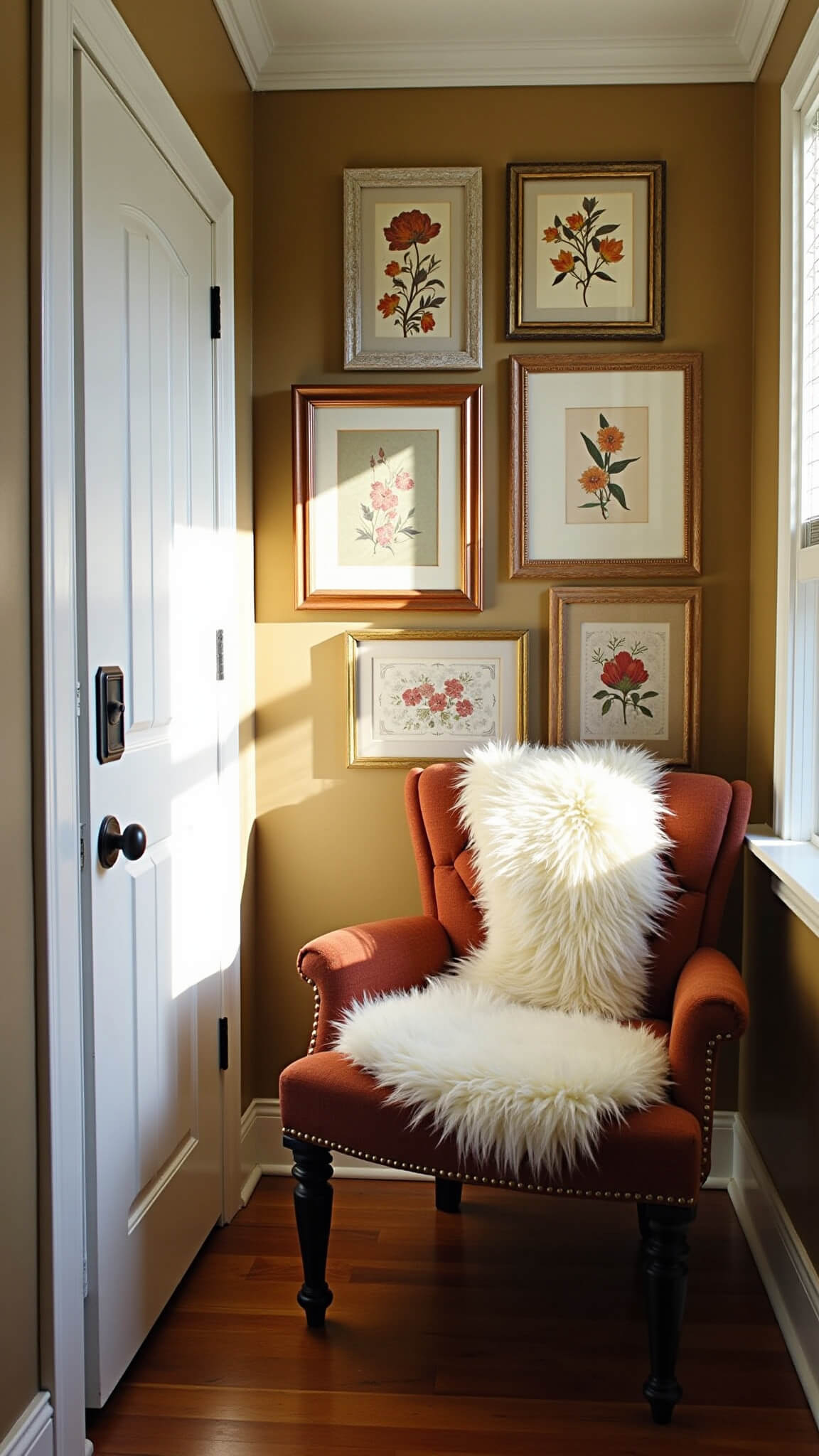 Cozy 8x10ft corner nook with vaulted ceiling, vintage gallery wall of autumn prints, sheepskin-covered reading chair in foreground, soft late afternoon lighting and dreamy bokeh effect.