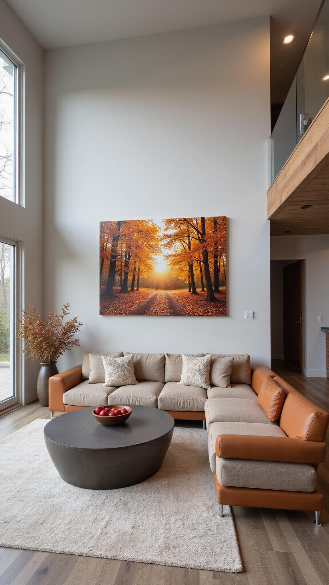 Modern minimalist living room with fall sunset canvas, warm autumn accents, and mixed metal, glass, and wood materials in charcoal, copper, and cream tones.