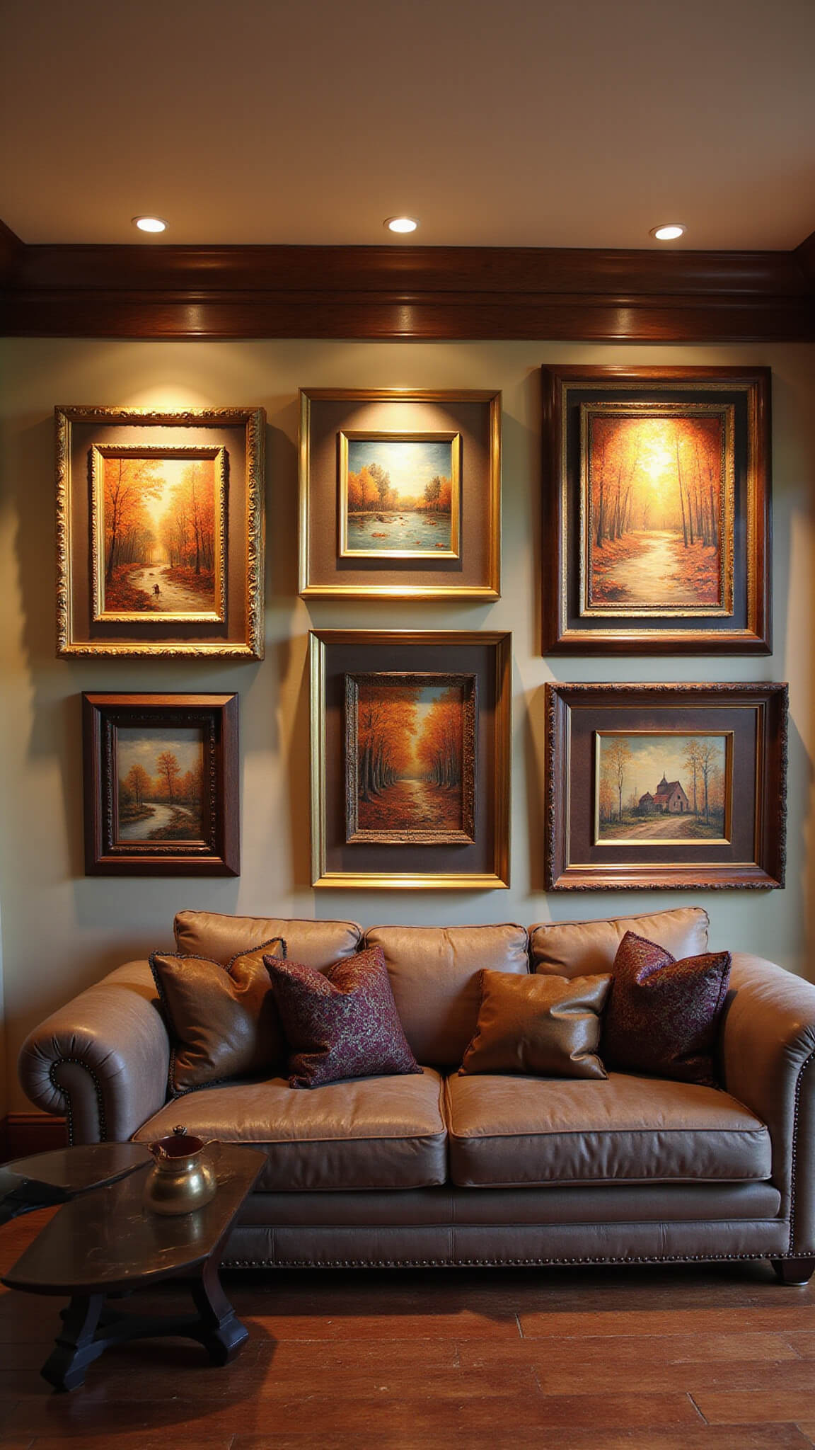 Traditional 16x22ft living room with crown molding, warm dusk LED lighting, asymmetrical fall-themed gallery wall of brass, walnut, and copper, rich textures in leather, silk, and polished metals, deep jewel tones with amber accents, viewed from slight below eye-level angle.