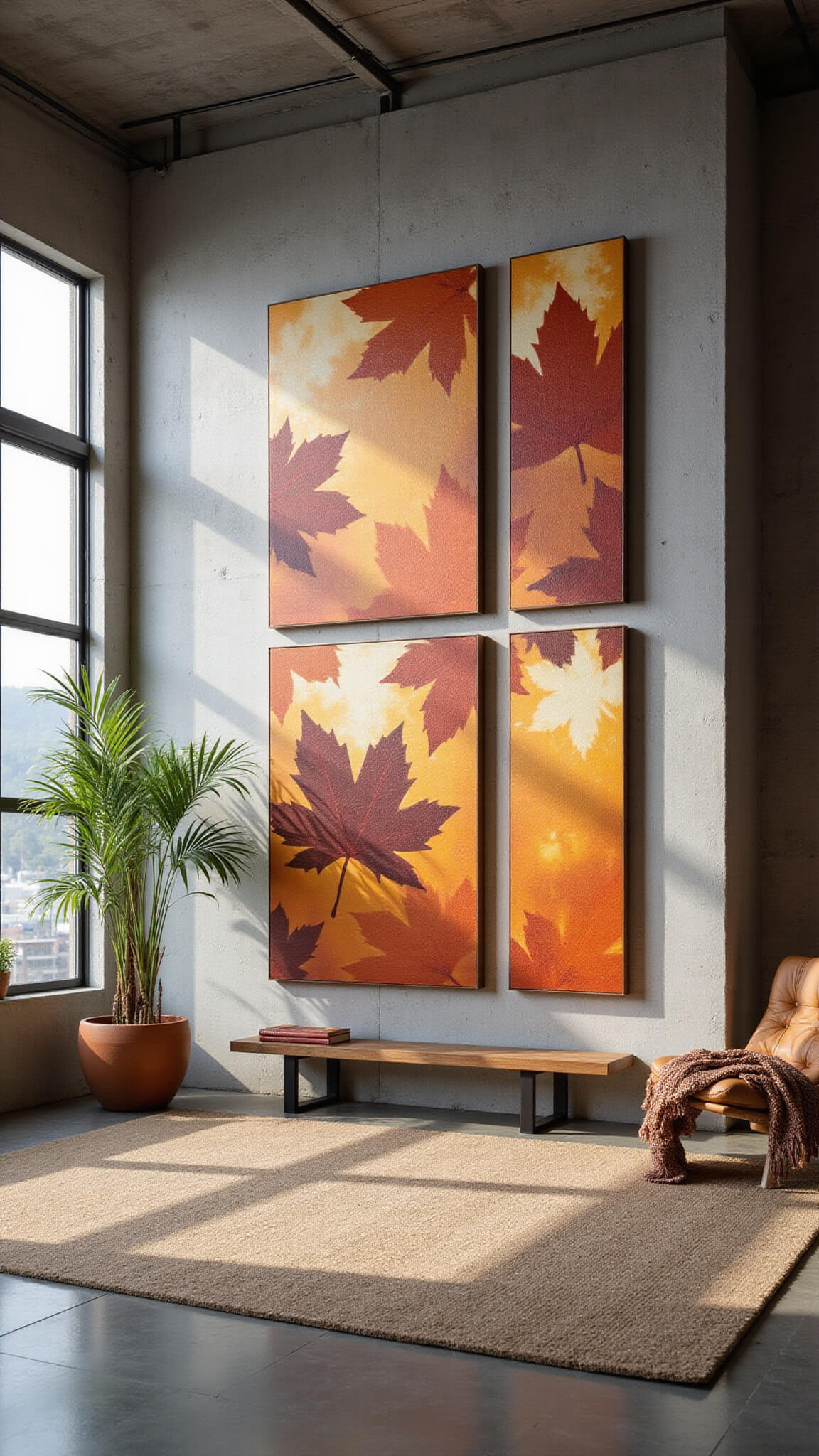 Contemporary industrial open-concept room with concrete and steel elements, soft morning light, and three large maple leaf canvas prints on display.