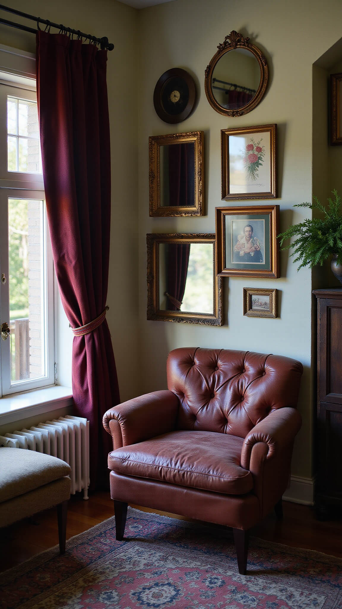 Vintage-inspired sitting room with bay window, thrifted art and mirrors on the wall, filtered morning light creating soft glow on velvet curtains, worn leather chair, and antique brass accents in deep burgundy and forest green tones.