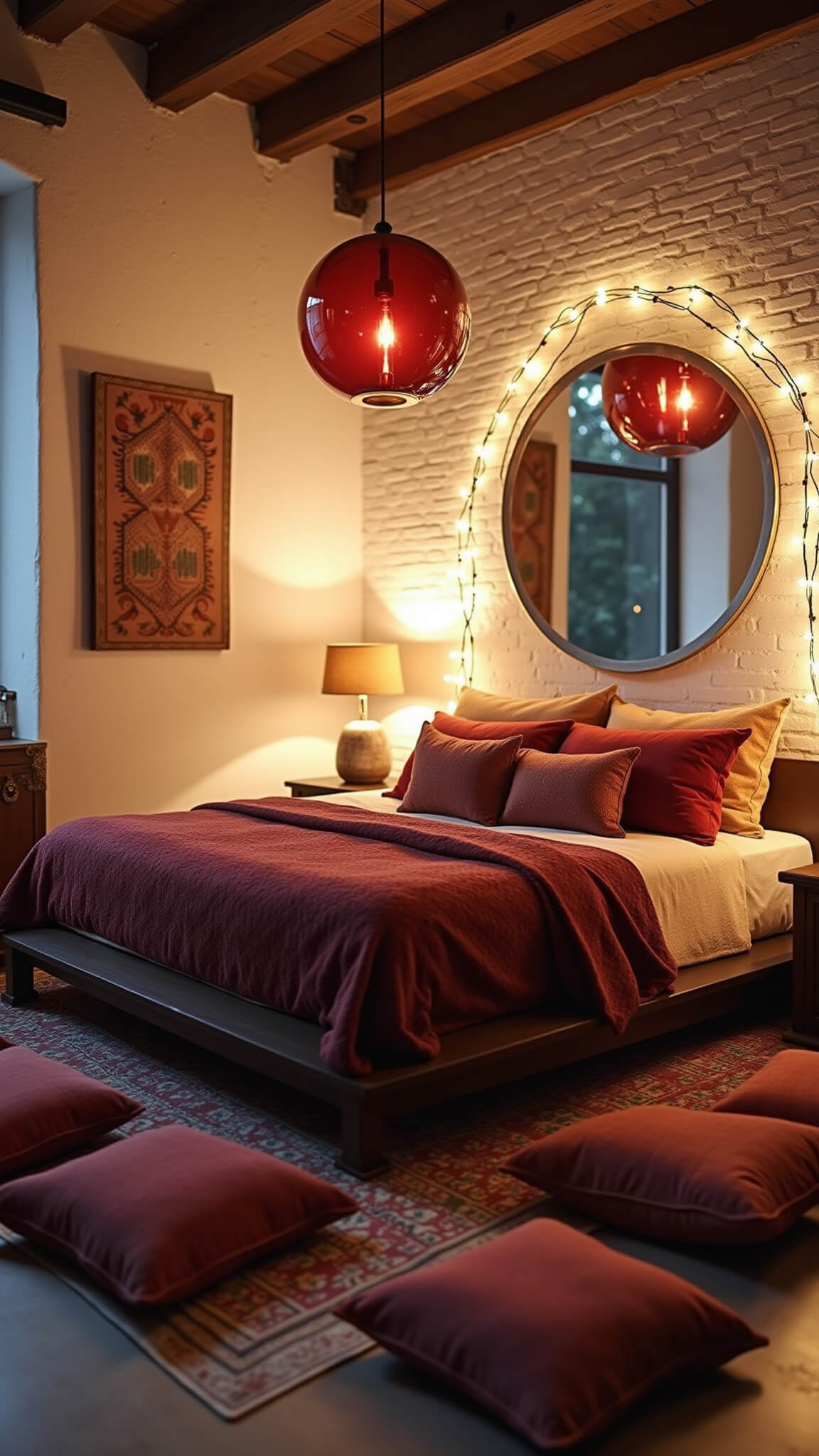 Boho bedroom with burgundy and rust-toned textiles, red glass pendant light, whitewashed brick walls, and floor cushions near a vintage trunk nightstand.