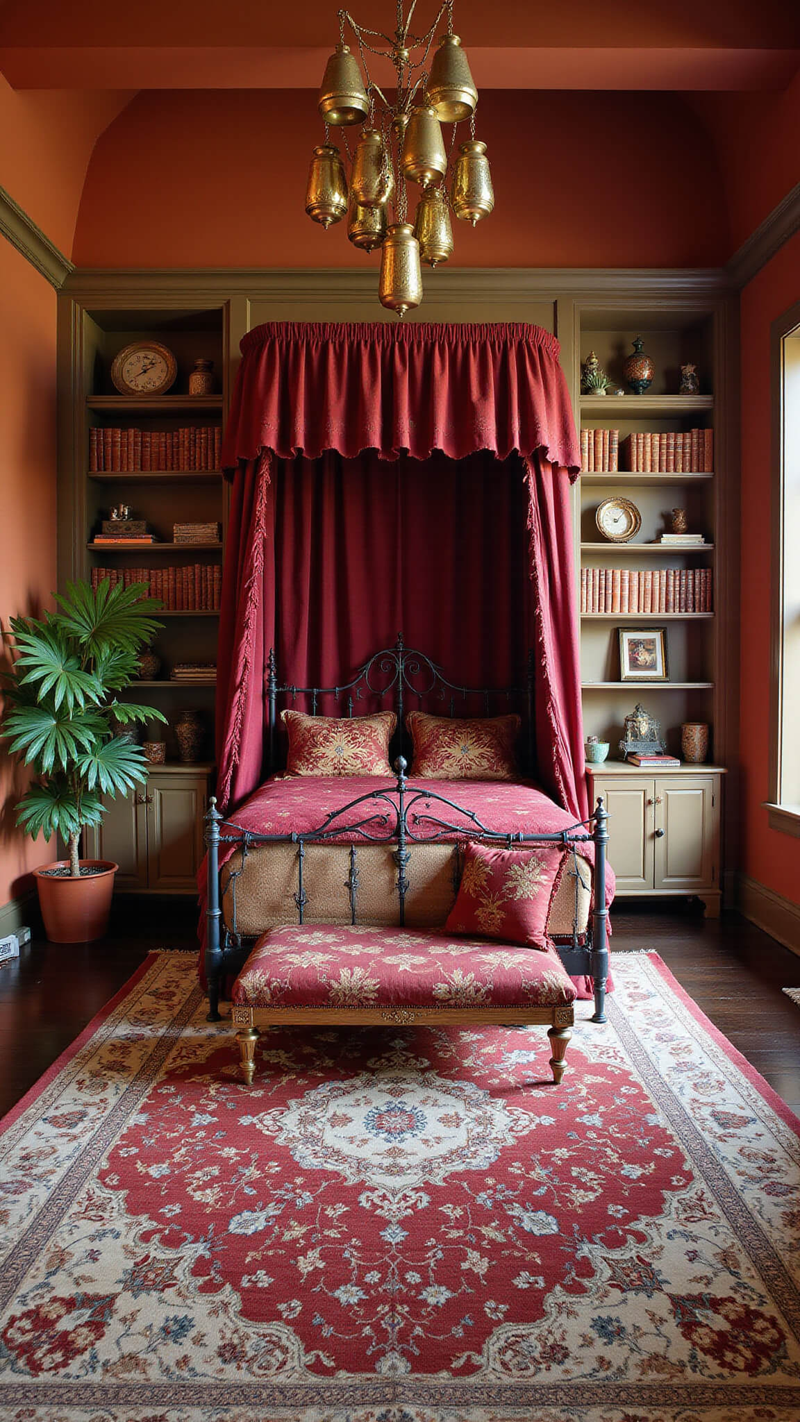 Sunlit master bedroom with antique wrought iron bed under red silk canopy, Persian rug, floor-to-ceiling bookshelves, hanging brass lanterns, and vibrant plants against terracotta walls.