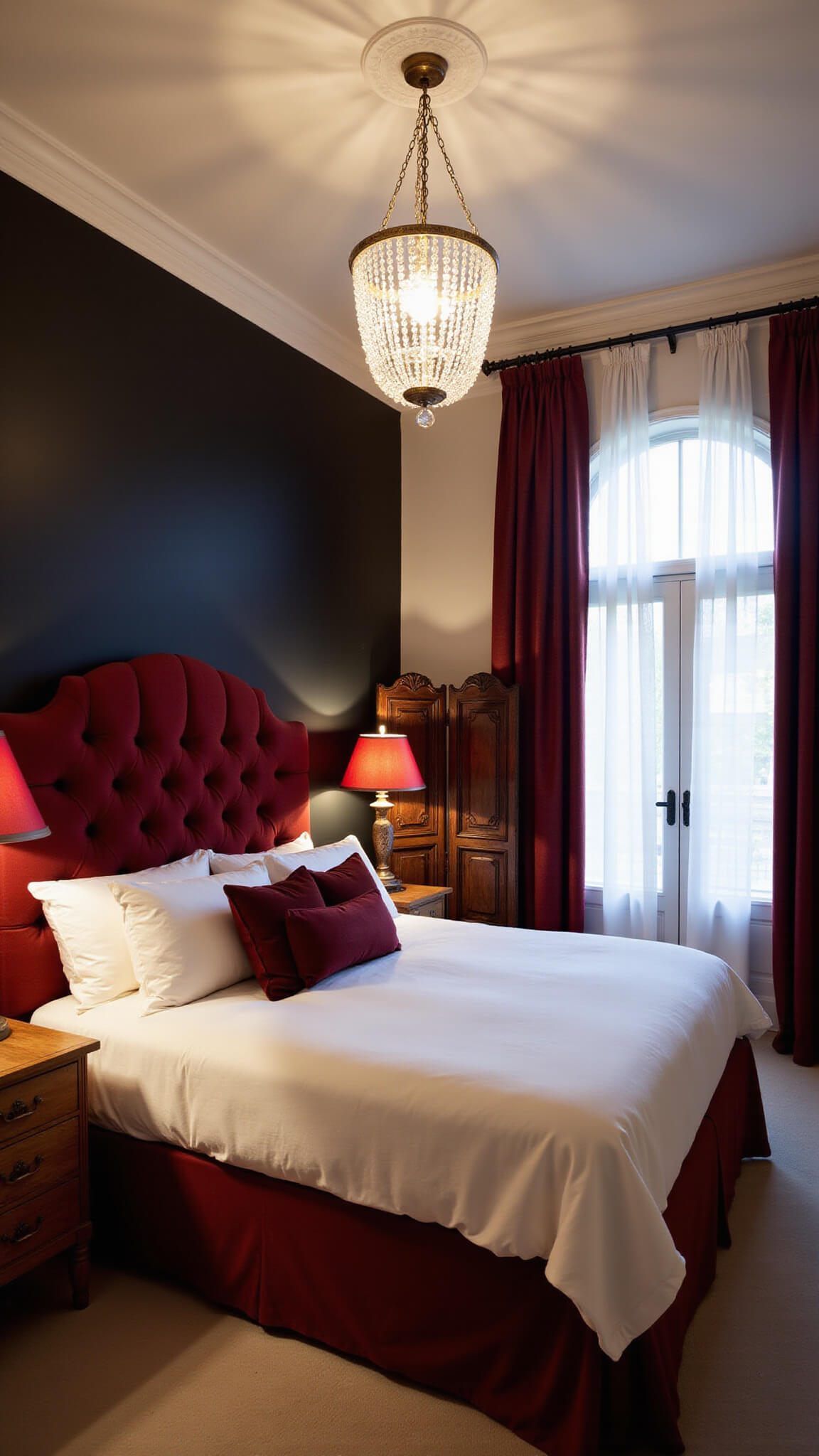 Low-angle view of elegant bedroom with red velvet headboard, black accent wall, crystal chandelier, white and burgundy bedding, copper lamps, arched window with ombré curtains, and carved wooden screen.