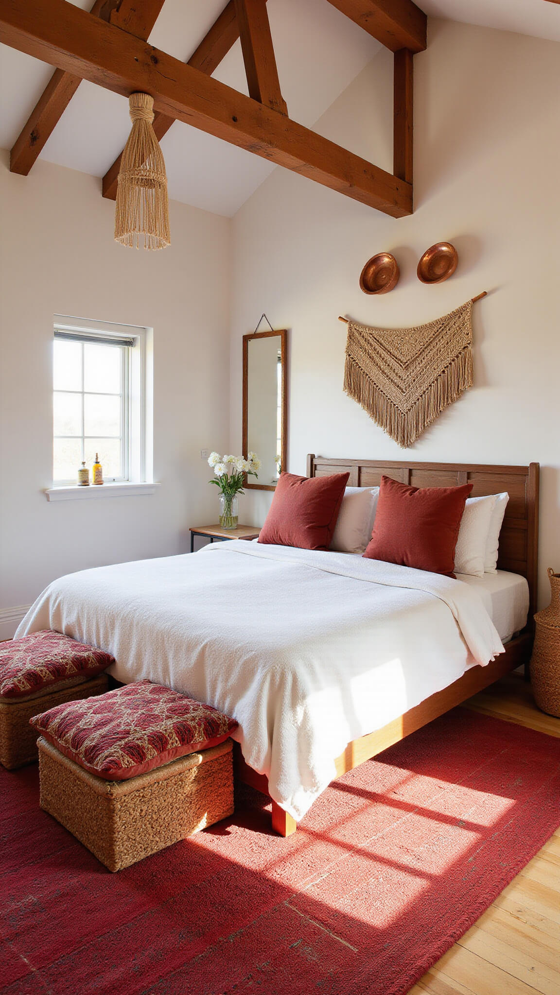 Cozy attic bedroom with exposed beams, red kilim rugs, low bed with red floor cushions, macramé wall hanging, copper mirrors, and Moroccan poufs in warm afternoon light.