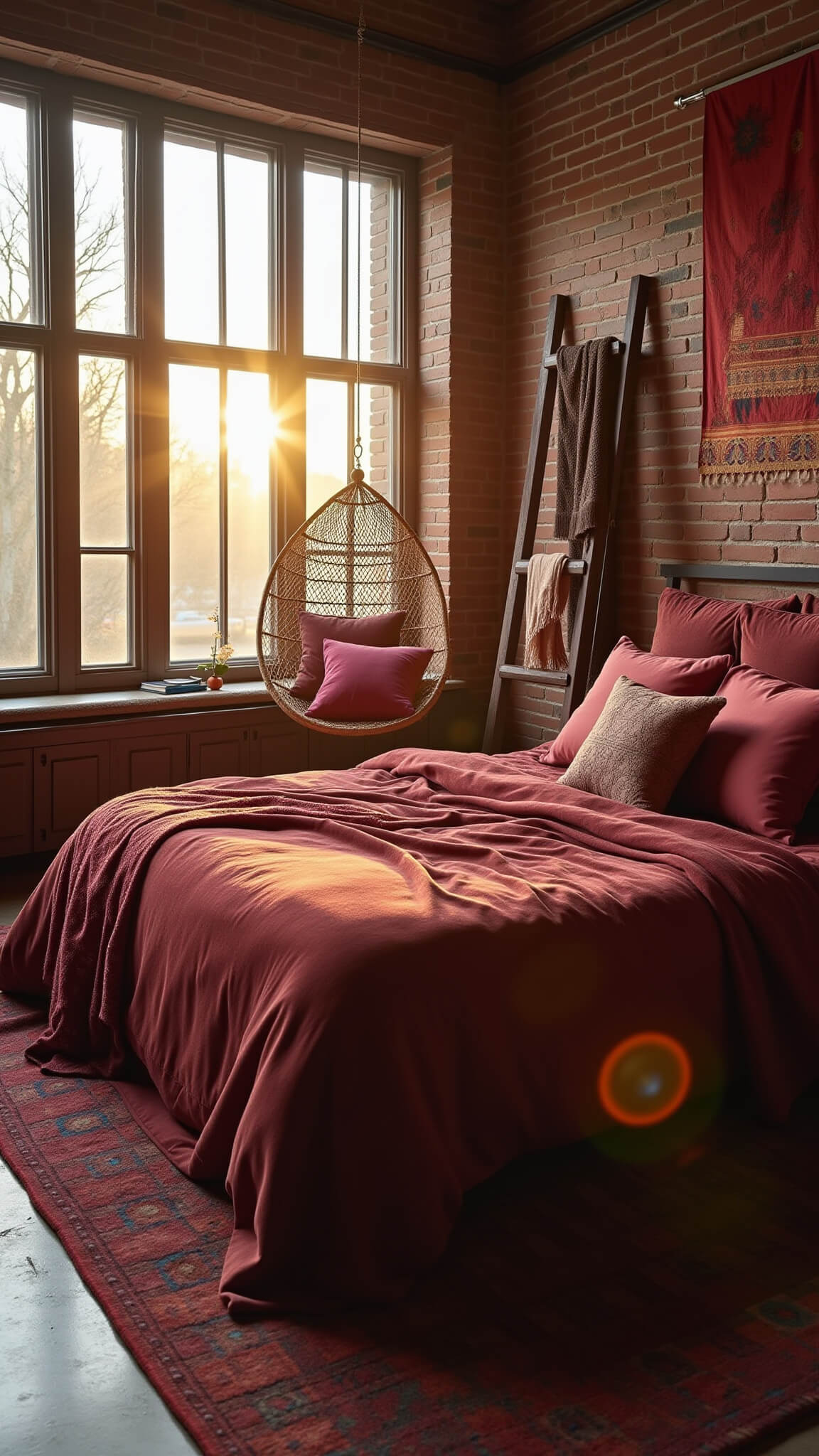 Panoramic view of sunlit converted loft bedroom with red brick wall, queen bed in wine velvet, vintage ladder with burgundy throws, rattan chair, and rich red textiles.