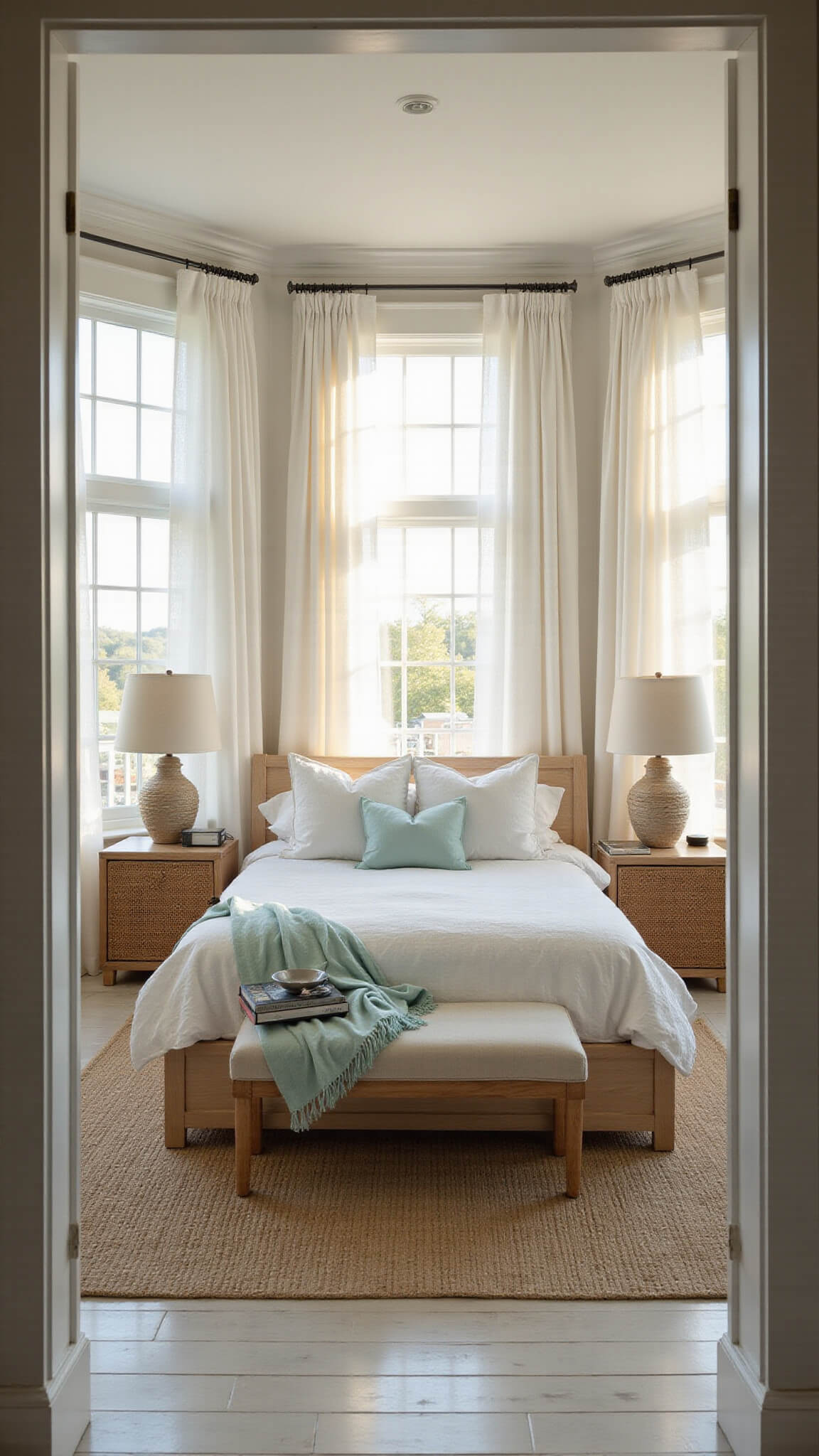 Coastal master bedroom bathed in golden hour light with seafoam and white linens, rattan accents, and sunlit gauzy curtains over whitewashed floors.