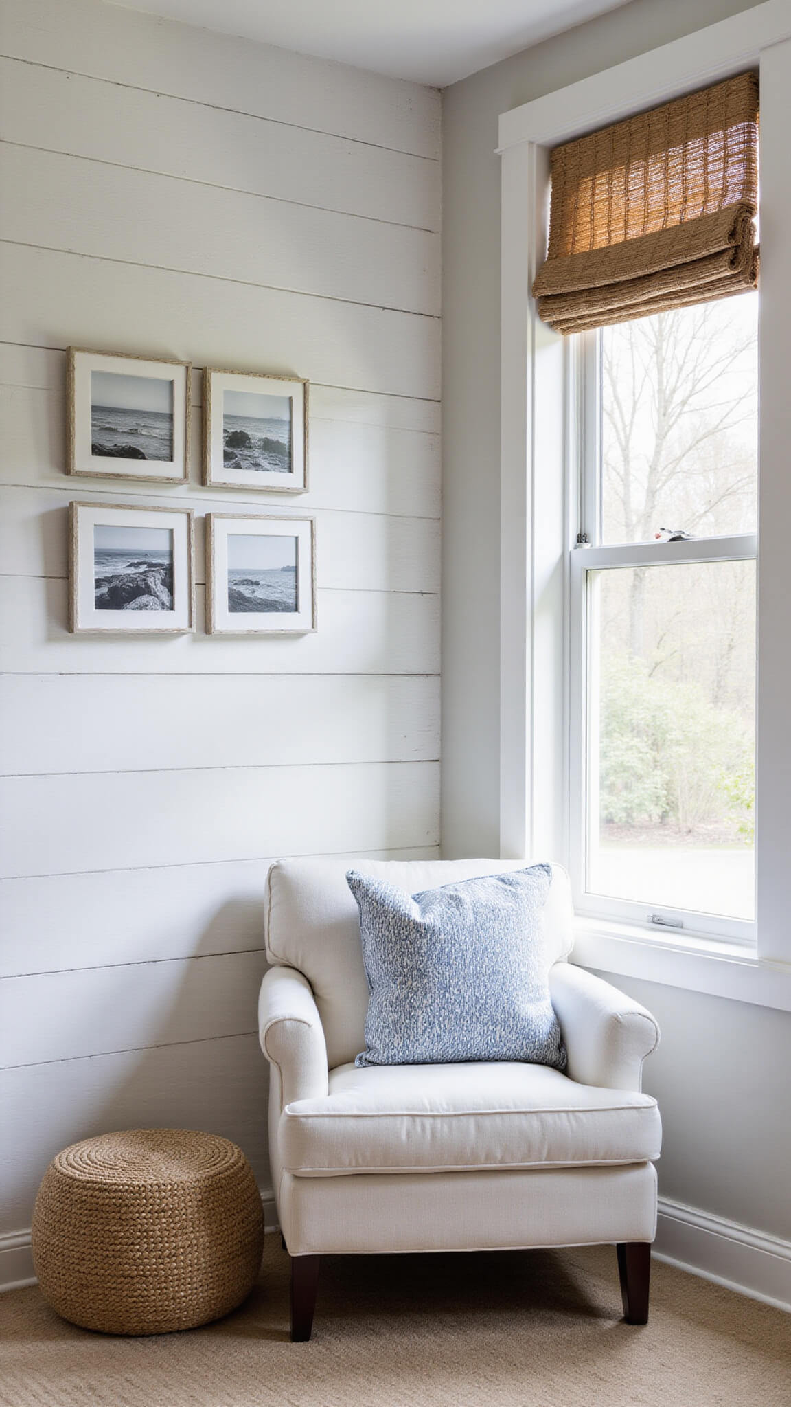 Coastal reading nook with white slipcovered armchair, jute pouf, shiplap walls, ocean photo gallery, and natural light filtering through roman shades.