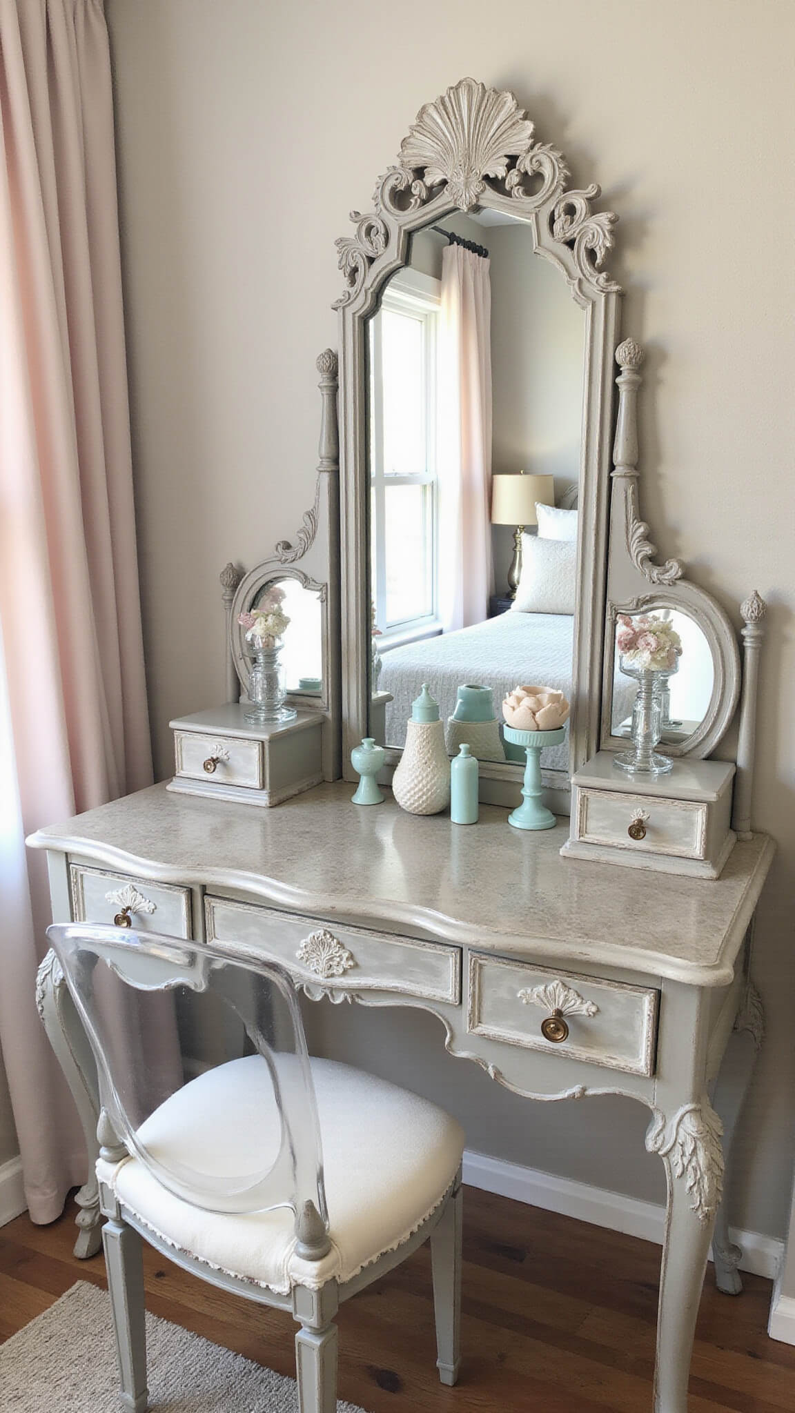 Elegant coastal vanity nook with antique mirror, pearl accents, and vintage decor in soft afternoon light.