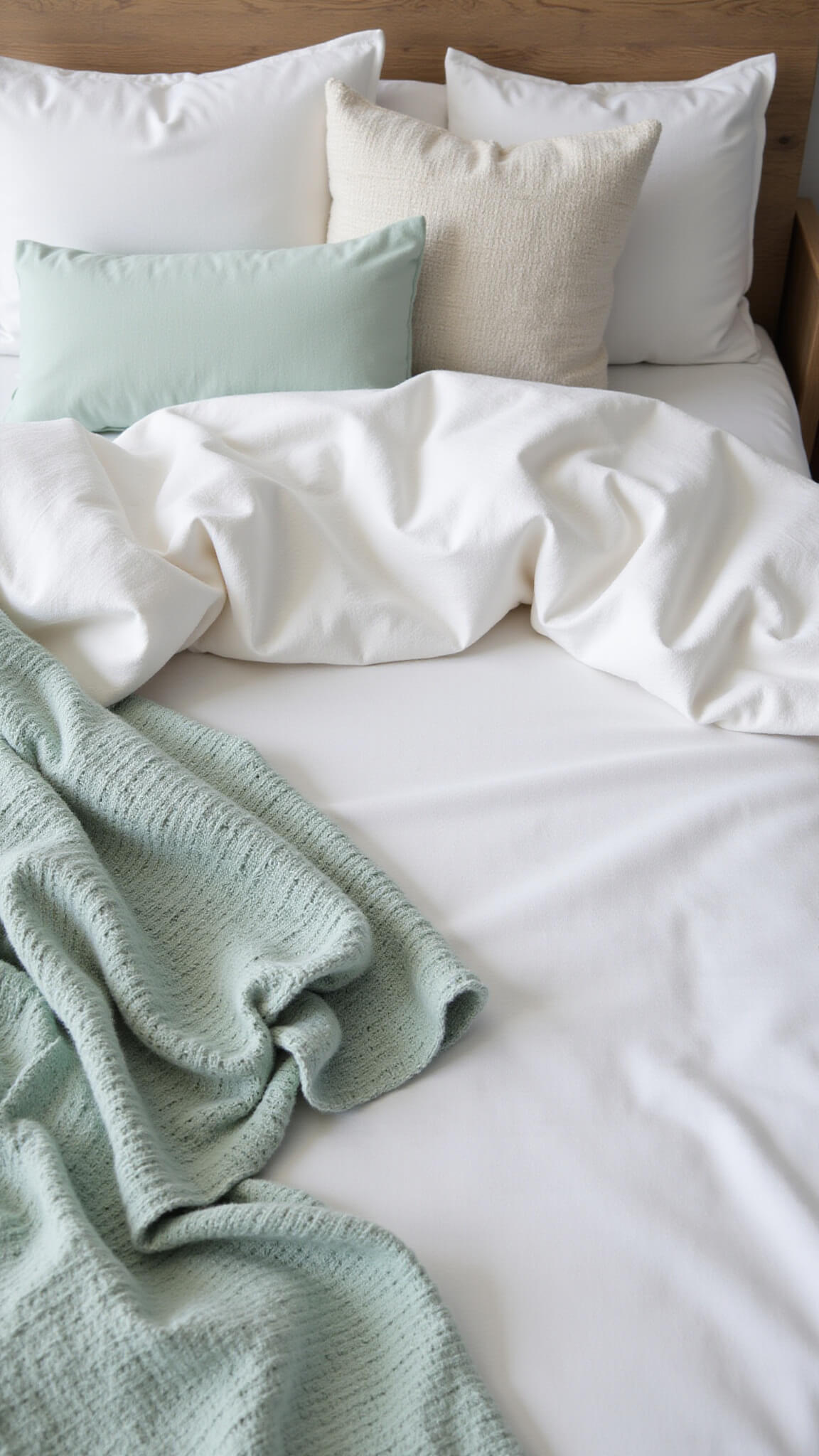 Close-up of layered coastal bedding with rumpled cotton duvet, ivory linen sheets, seafoam knit throw, and textured pillows in soft natural light.