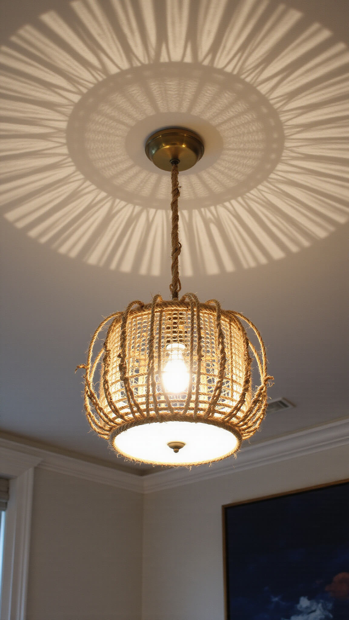 Dramatic evening view of coastal bedroom with rope-wrapped chandelier casting shadows, warm LED lighting, whitewashed beams, and navy and brass accents.