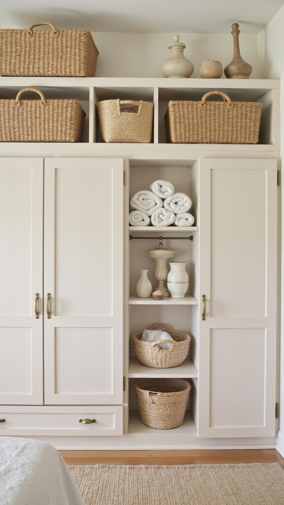 Custom built-in driftwood wardrobe with brass hardware, styled with woven baskets, rolled Turkish towels, and beach accents in warm, sandy tones.