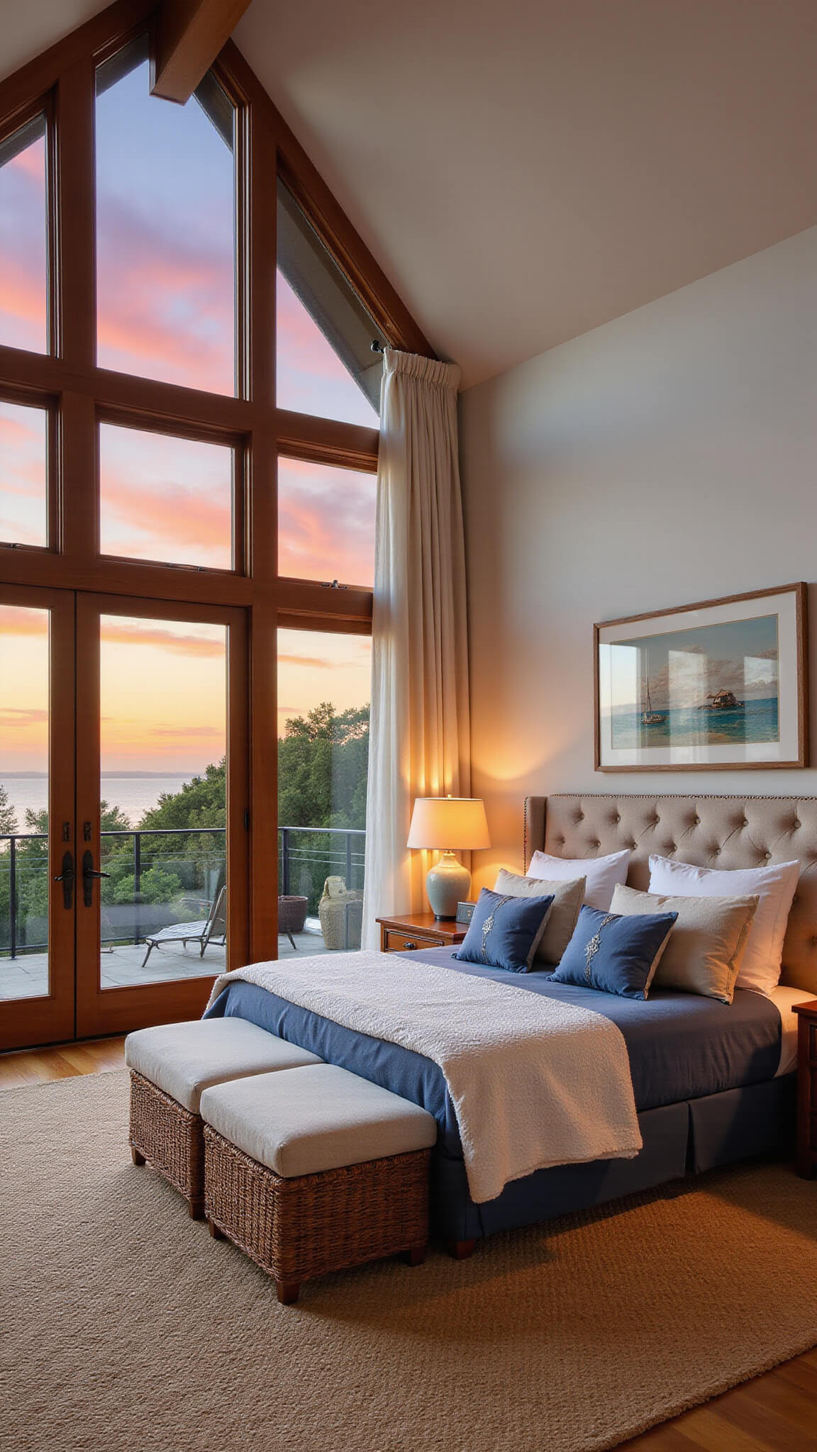 Panoramic view of coastal master bedroom at sunset with floor-to-ceiling windows, upholstered bed, seagrass rug, rattan décor, and gauzy drapes in warm orange-pink light.