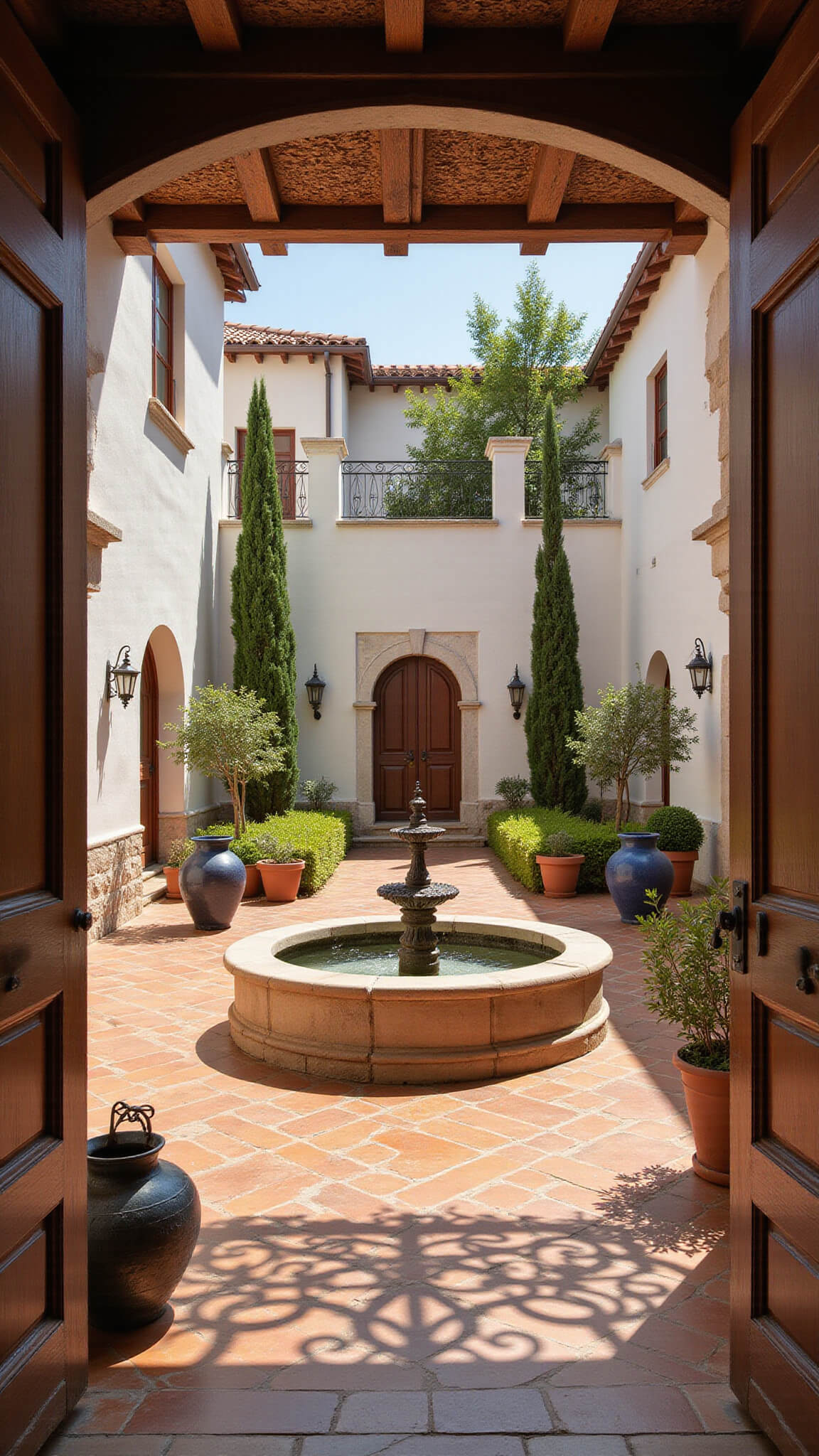 Serene Mediterranean courtyard with terracotta tiles, central copper fountain, whitewashed stucco walls, and intricate pergola shadows in warm afternoon light.