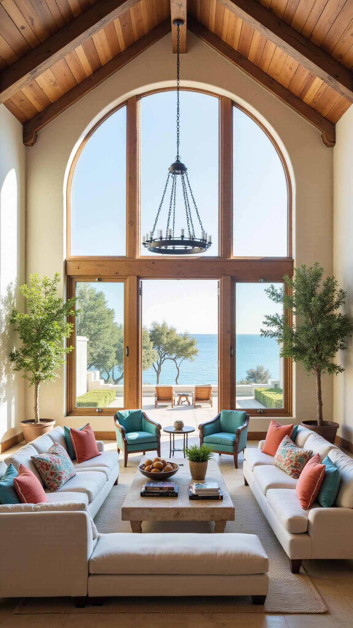 Airy coastal villa living room with ivory linen sofas, vintage kilim pillows, arched ocean-facing windows, reclaimed wood beams, and limestone floors under soft morning light.